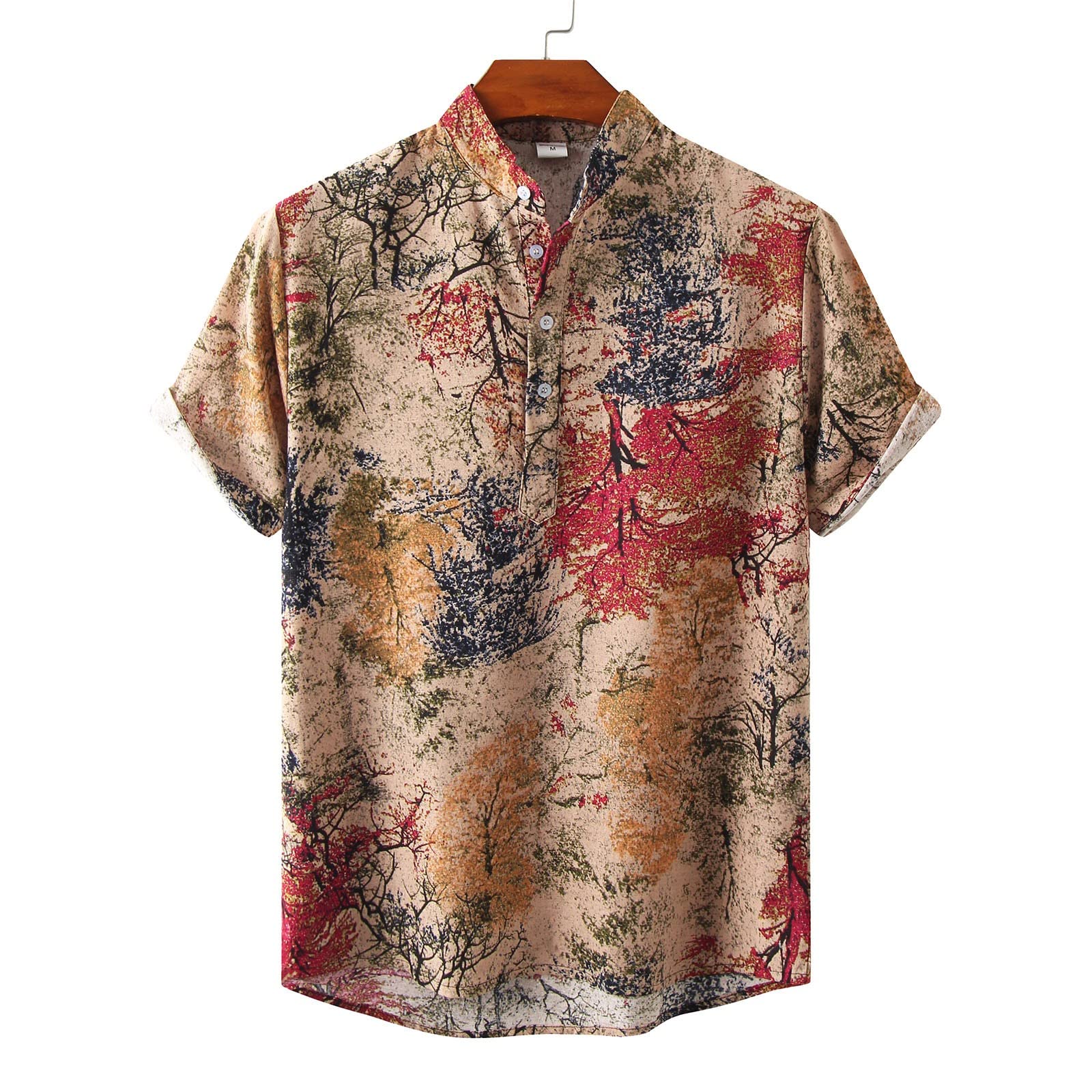 Vintage Printed Men's Short Sleeve Casual Shirt - Wrinkle Free Slim Fit Dress Shirt for Summer, Office, and Outdoor Activities
