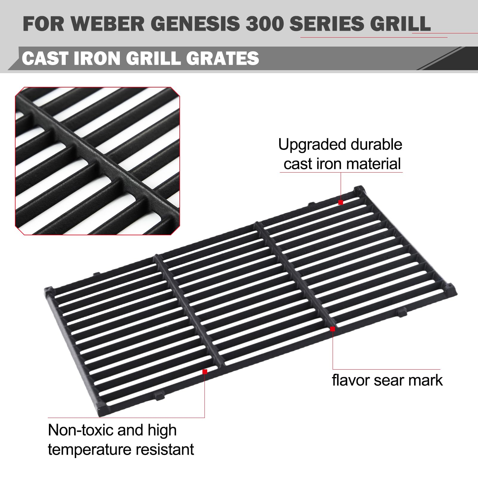 Weber Genesis E-310 E-330 S-310 S-330 Replacement Grill Grates - 19.5 Inch Cast Iron Cooking Grate (Compatible with Genesis 300 Series, Models 7524 & 7528) - Perfect for Backyard BBQs, Outdoor Cooking & Grilling Parties
