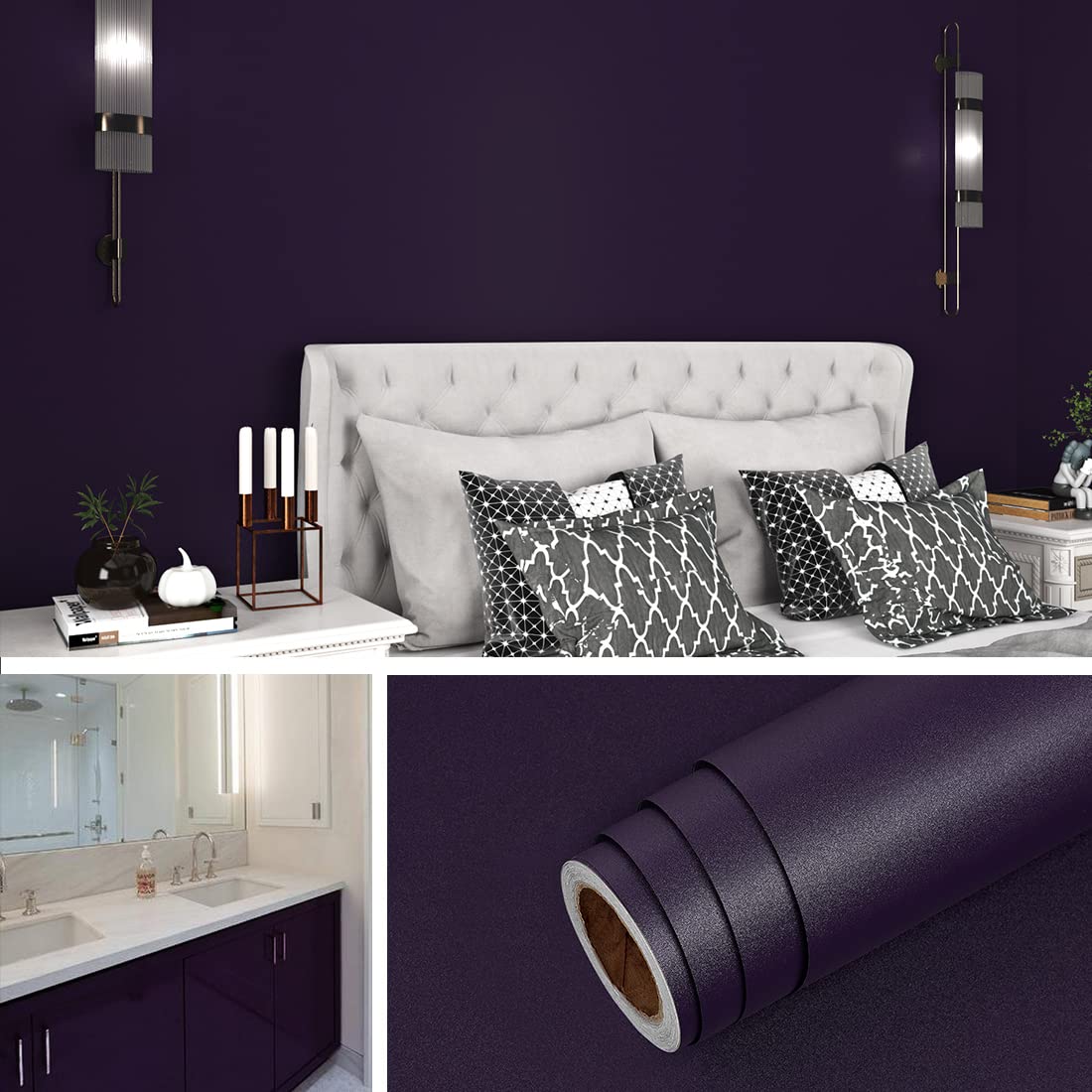 Livelynine Dark Purple Peel and Stick Wallpaper - Removable Contact Paper for Countertops, Desks, Cabinets & Walls - Moody Vinyl Wrap (15.8x78.8 Inch) - Perfect for Bedroom, Bathroom, Living Room & Dorm Shelves Decoration