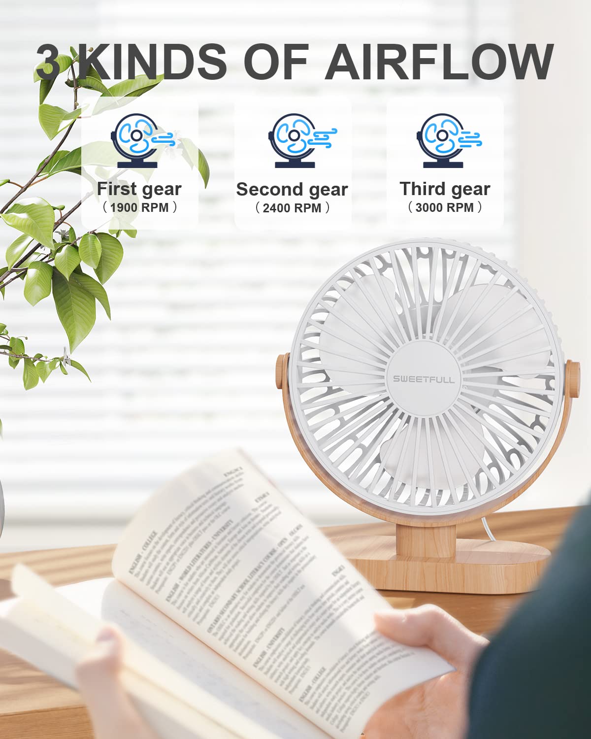 SWEETFULL 6.5 Inch USB Desk Fan - 3 Speed Portable Mini Fan with 360° Adjustable Head, Quiet Operation for Home, Office, Car & Travel - Perfect for Work Desks, Bedrooms, Dorm Rooms and Outdoor Adventures (White Wood Grain)
