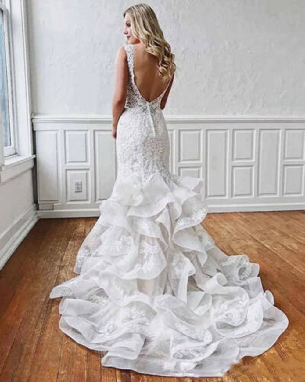 Elegant V-Neck Mermaid Wedding Dress for Bride | Lace Backless Beach Bridal Gown with Ruffled Train | Perfect for Beach Weddings, Outdoor Ceremonies & Romantic Photoshoots