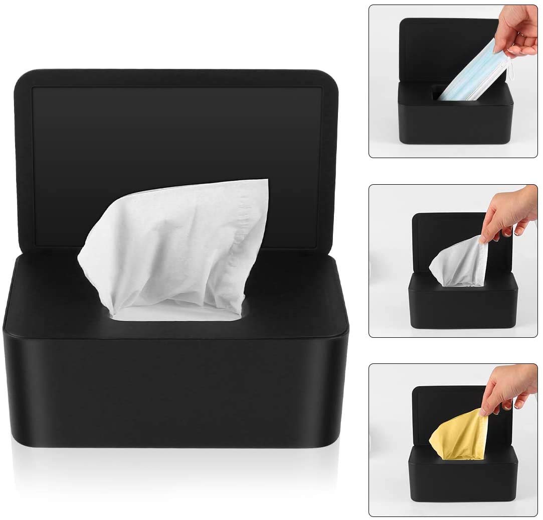 Brianer Wet Wipes Dispenser - Dustproof Tissue Storage Box with Lid for Home & Office Desk | Portable Dry/Wet Tissue Case Organizer | Perfect for Bathroom, Kitchen, Nursery & Travel (Black)