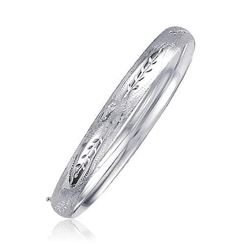 14K White Gold Floral Carved Bangle Bracelet - 6.0mm Wide, Size 8