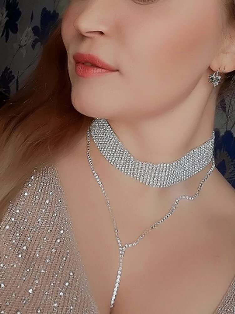 Sparkling Rhinestone Choker Necklace for Women - Silver Crystal Diamond Collar Necklace | Elegant Party, Wedding, Evening Wear Accessory