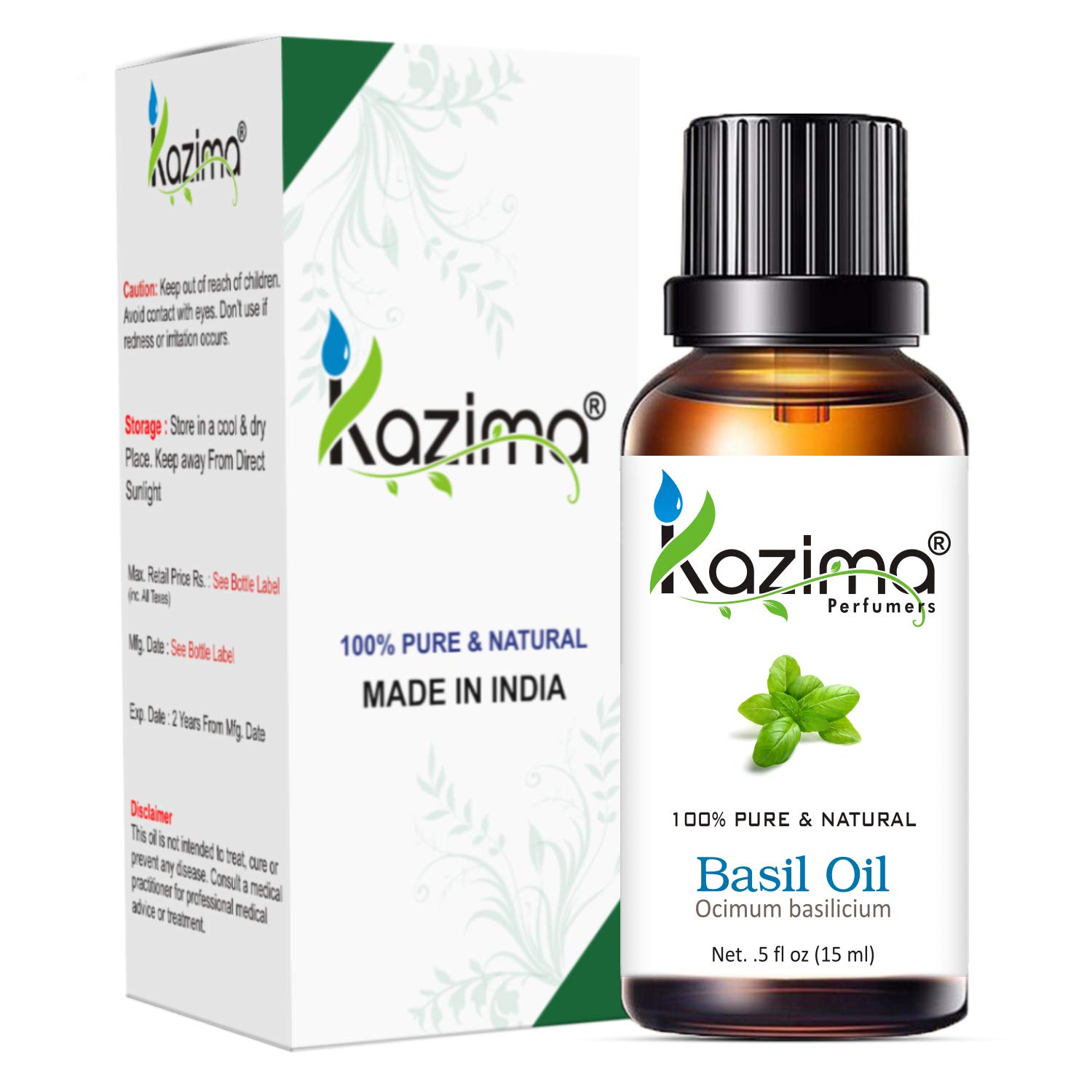 KAZIMA Basil Tulsi Essential Oil - 100% Pure Natural Therapeutic Grade Oil for Skin Care, Hair Growth & Aromatherapy (15ml) | Perfect for Massage, Diffusers & DIY Beauty Products