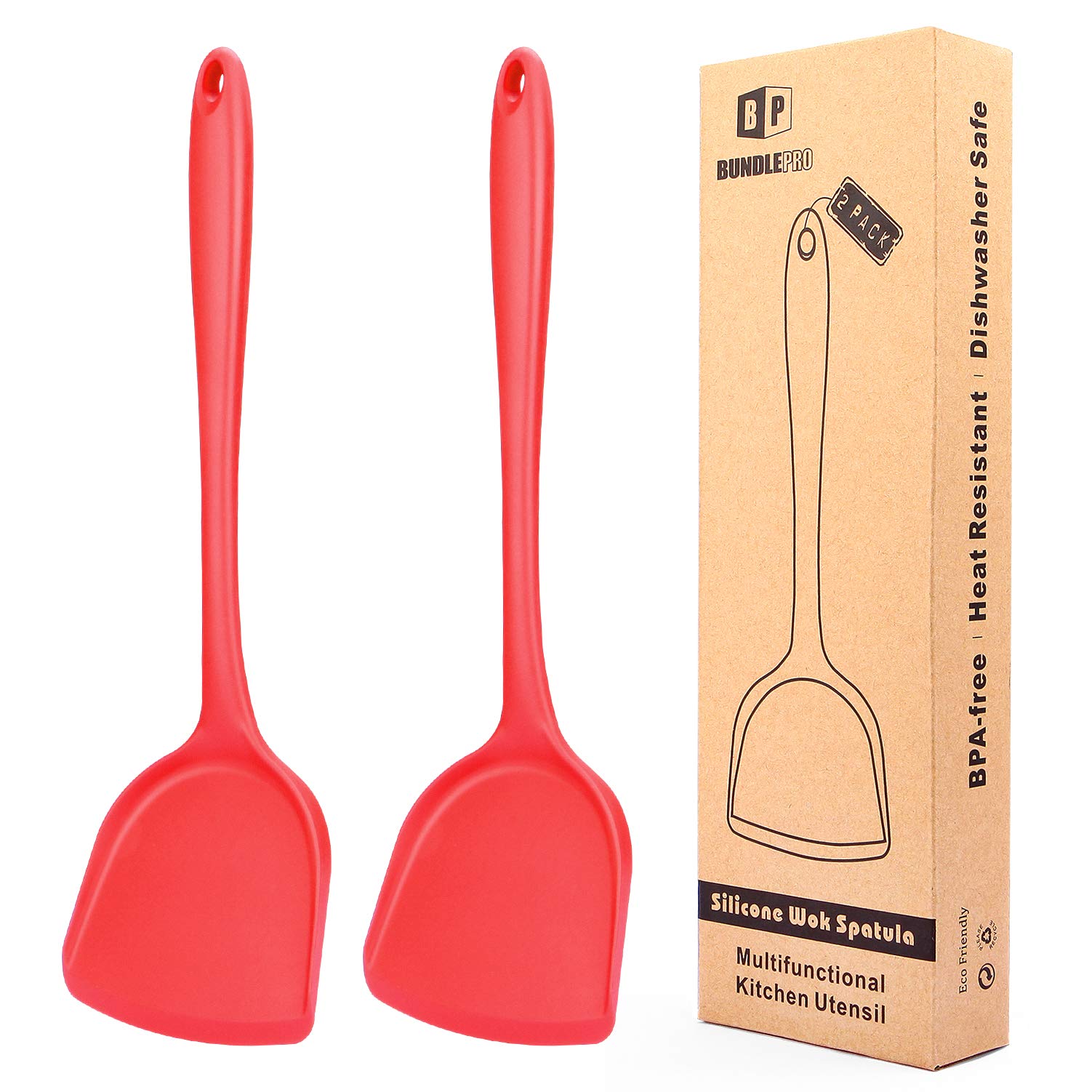 2-Pack Silicone Wok Spatula Set - Non-Stick, Heat Resistant Cooking Utensils (450°F) - Dishwasher Safe & Easy Clean - Perfect for Stir-Fry, Sauteing, Pancakes & Baking - Red Kitchen Tools for Professional & Home Chefs
