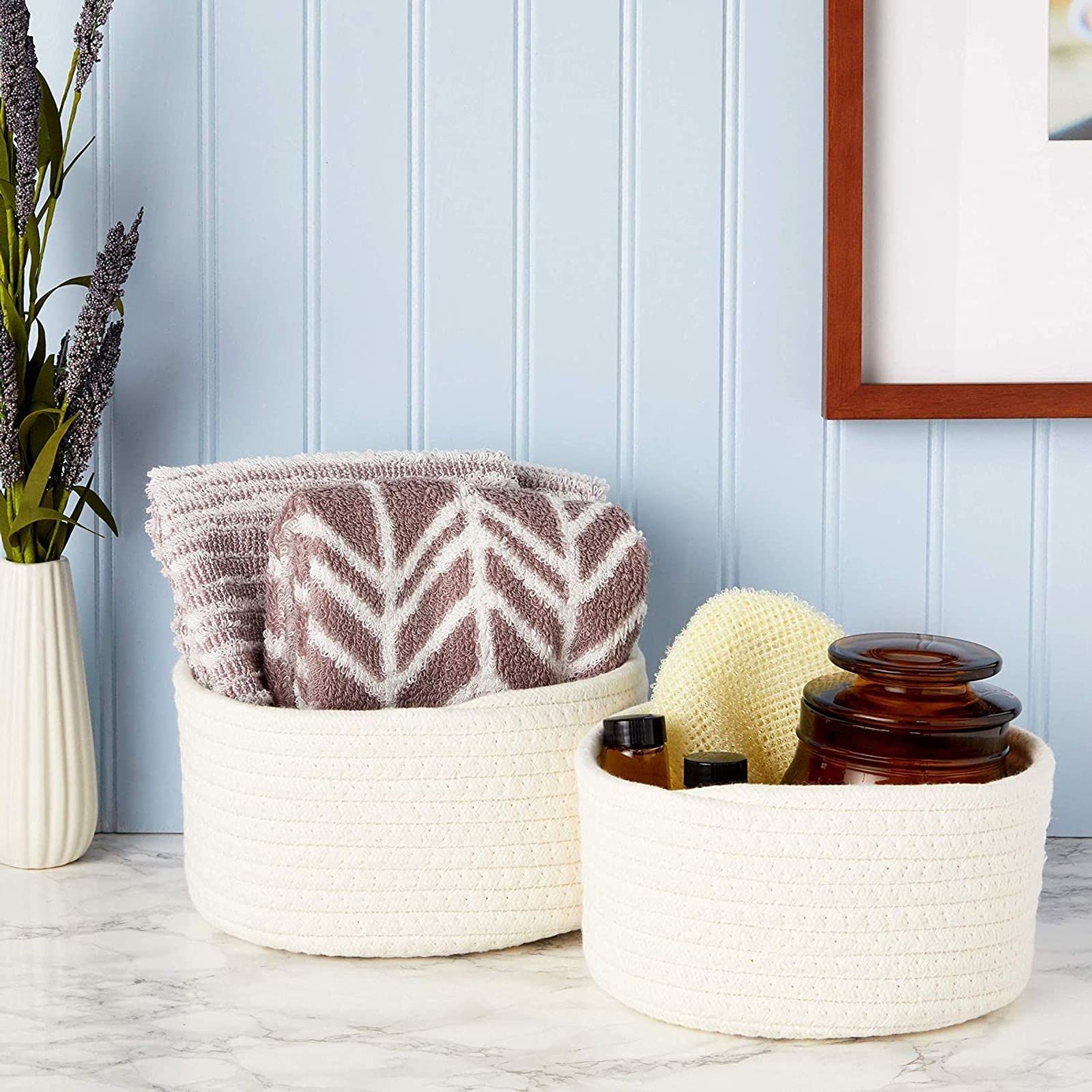 Farmlyn Creek Cotton Woven Storage Baskets - White Organizer Bins (2 Sizes, 2 Pack) - Perfect for Home Organization, Nursery, Laundry & Bathroom Storage