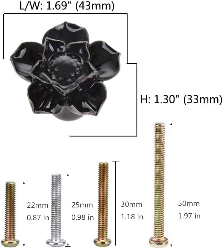 Black Ceramic Flower Drawer Knobs and Pulls - Pack of 6 for DIY Home Furniture, Cabinets, Dressers & Cupboards - Elegant Door Handles for Bedroom, Kitchen & Bathroom Storage