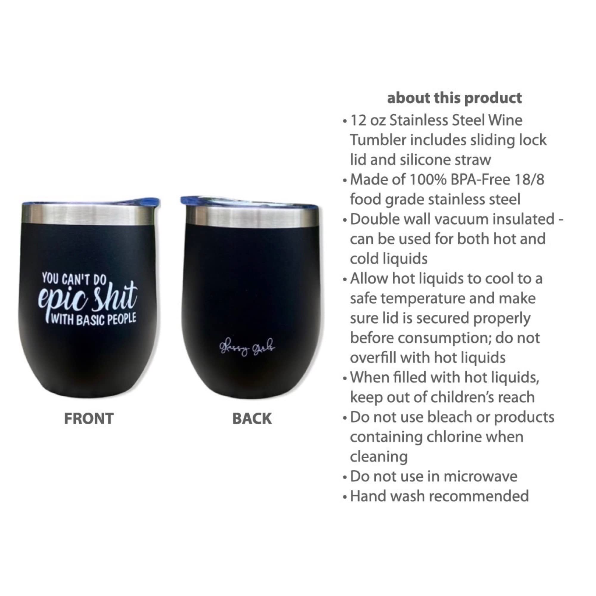 You Can’t Do Epic Shit With Basic People Wine Tumbler - 12 oz Black Funny Wine Glass, Best Friend & Coworker Gift, Birthday Present Idea for Wine Lovers, Perfect for Parties, Girls' Night Out, and Office Celebrations