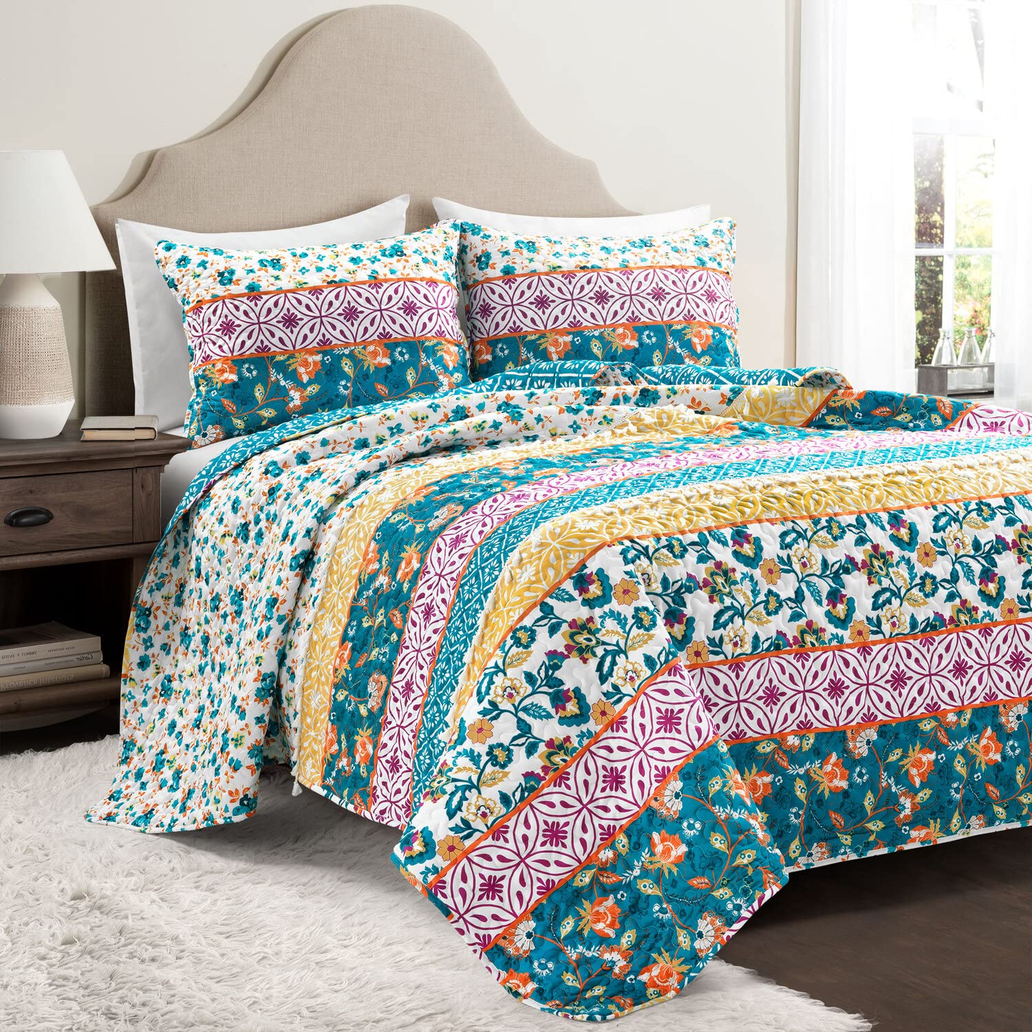 Lush Decor Emily Boho Stripe Reversible 3-Piece Quilt Set - King Size, Turquoise Blue - Perfect for Bohemian & Coastal Bedroom Decor