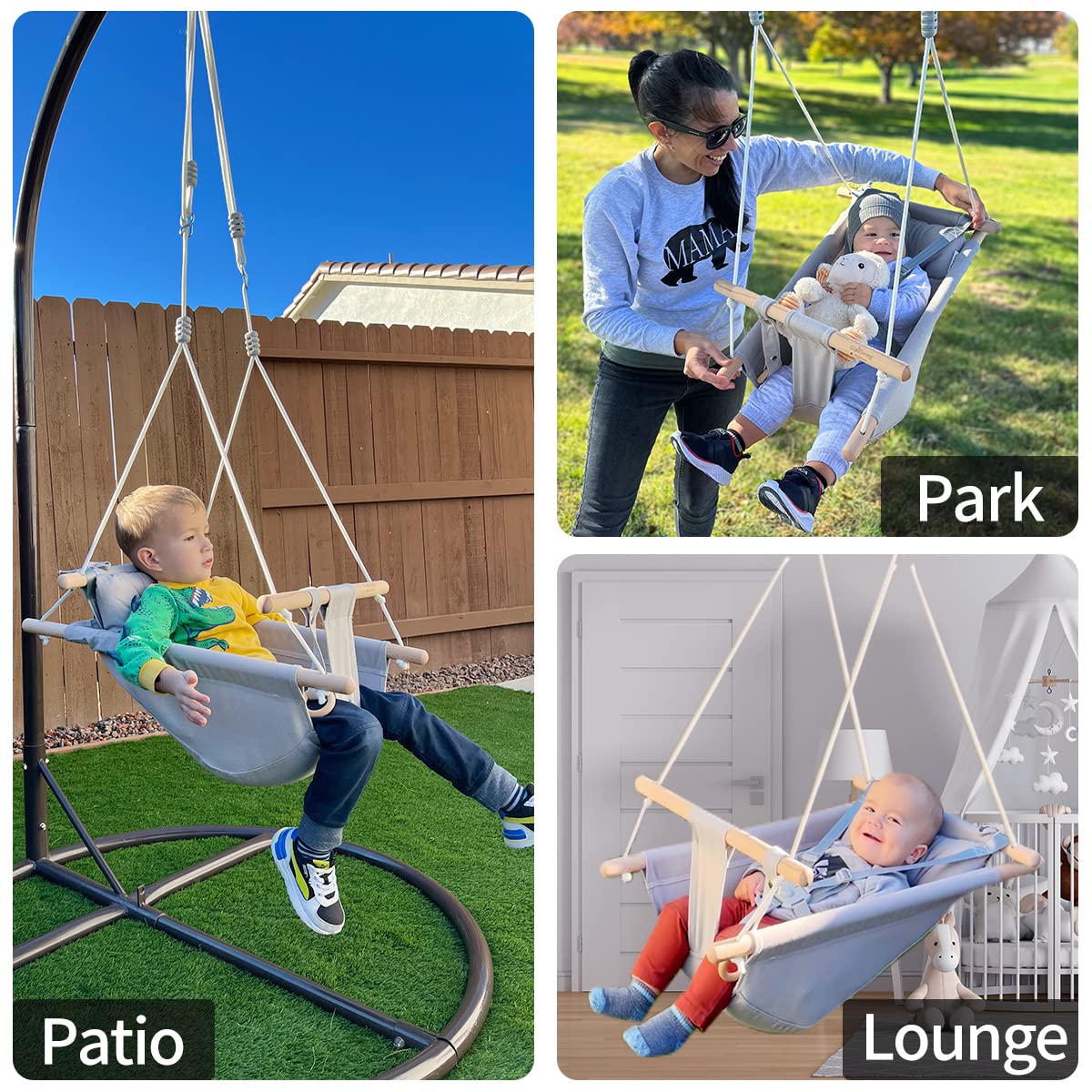 **Baby Swing for Infants & Toddlers - Soft Canvas Hammock Swing with Safety Belt & Mounting Kit - Indoor/Outdoor Wooden Hanging Chair for Kids 0-3 Years - Cute Animal Design - Perfect for Nursery, Playroom, Backyard & Park**