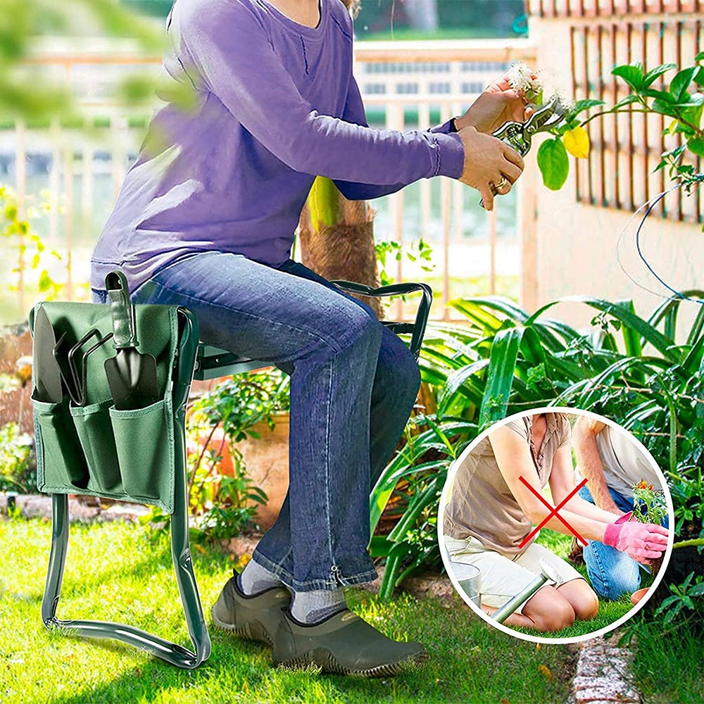 Heavy Duty Folding Garden Kneeler and Seat - 2 in 1 Gardening Bench with Tool Pouch & Foldable Iron Pipe - Ergonomic Kneeling Stool for Outdoor Planting, Weeding, and Yard Work - Perfect for Seniors and Garden Enthusiasts