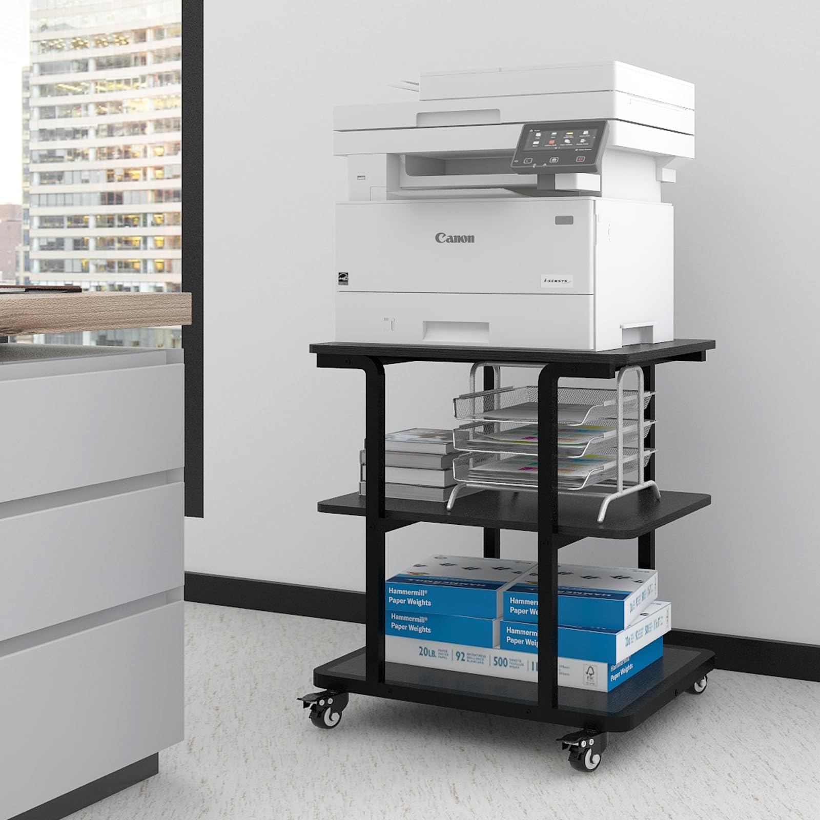 PUNCIA 3-Tier Mobile Printer Stand with Wheels - 60 x 50 x 68 cm Wooden Under Desk Storage Cart - Printer Holder & Shelf Organizer for Office & Home Workspace (Black) - Perfect for Small Spaces & Clutter-Free Desks