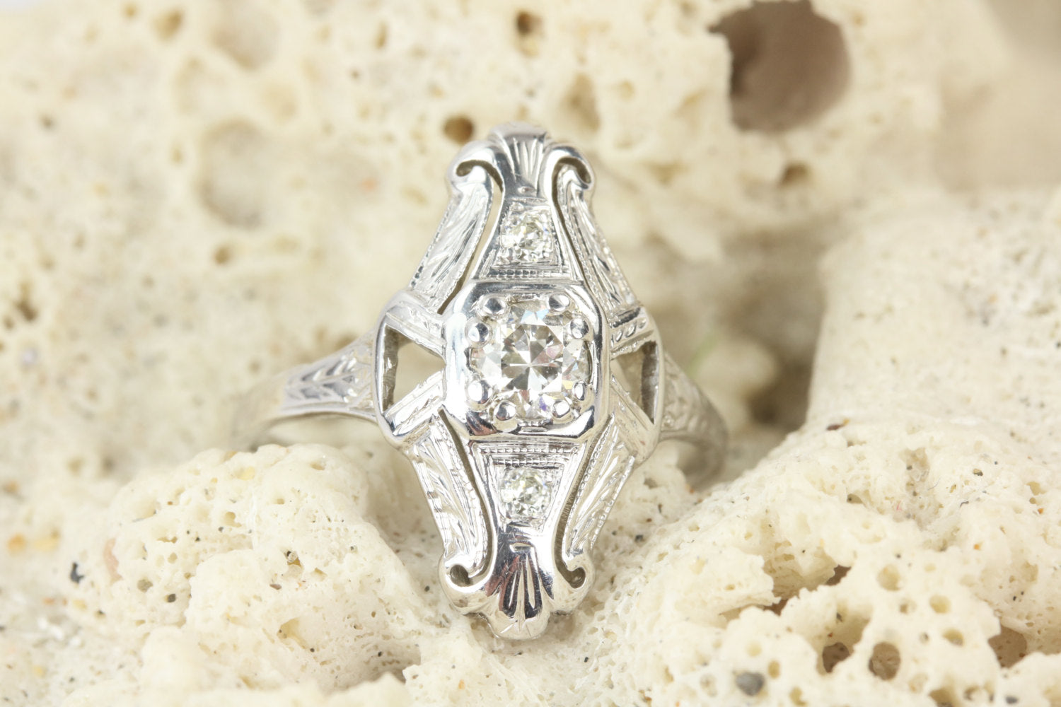 1/2 Carat Art Deco EMC Diamond Navette Ring in 14K Gold - Vintage Inspired Cocktail Ring for Weddings & Special Occasions