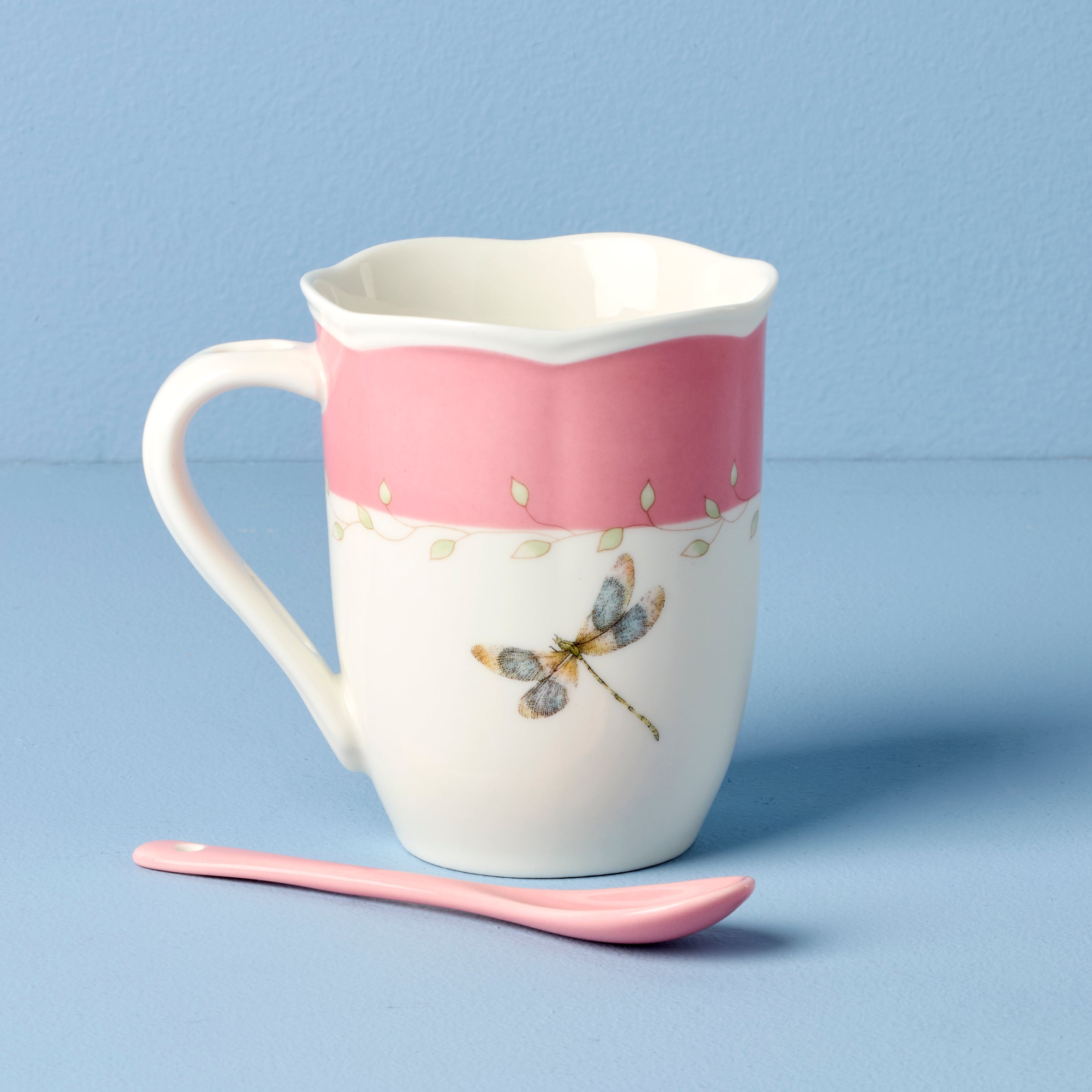 Butterfly Meadow Pink Coffee Mugs with Spoons - Set of 2 Ceramic Tea Cups for Home, Office, or Gift - Perfect for Morning Coffee, Afternoon Tea, and Cozy Moments