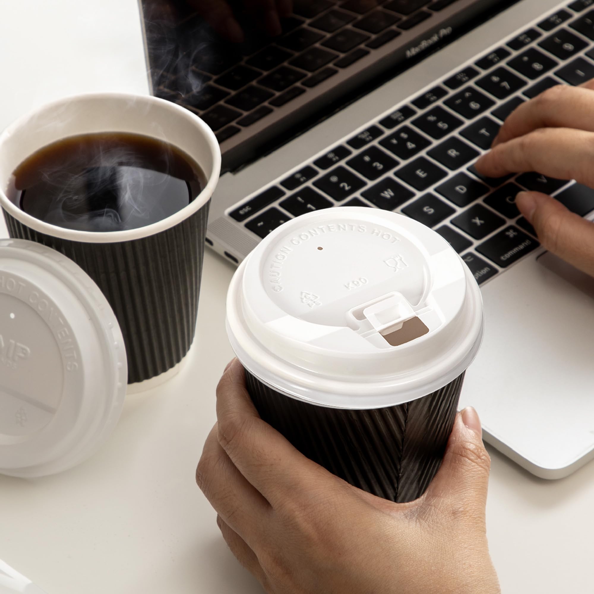 50 Pack 8 oz Black Disposable Coffee Cups with Lids & Stirrers - Triple Wall Insulated Hot Beverage To-Go Cups for Coffee, Tea, Hot Chocolate - Perfect for Travel, Office, Home, Cafes & Takeout (White Lids)