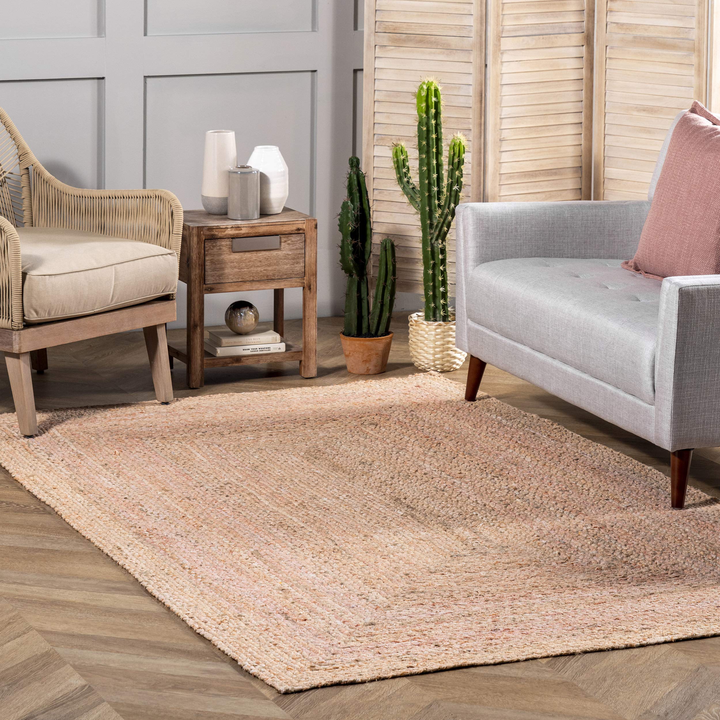 NuLOOM Hand Braided Otelia Denim & Jute Area Rug - 8' x 10' Beige Bohemian Style Rug for Living Room, Bedroom, or Office Decor