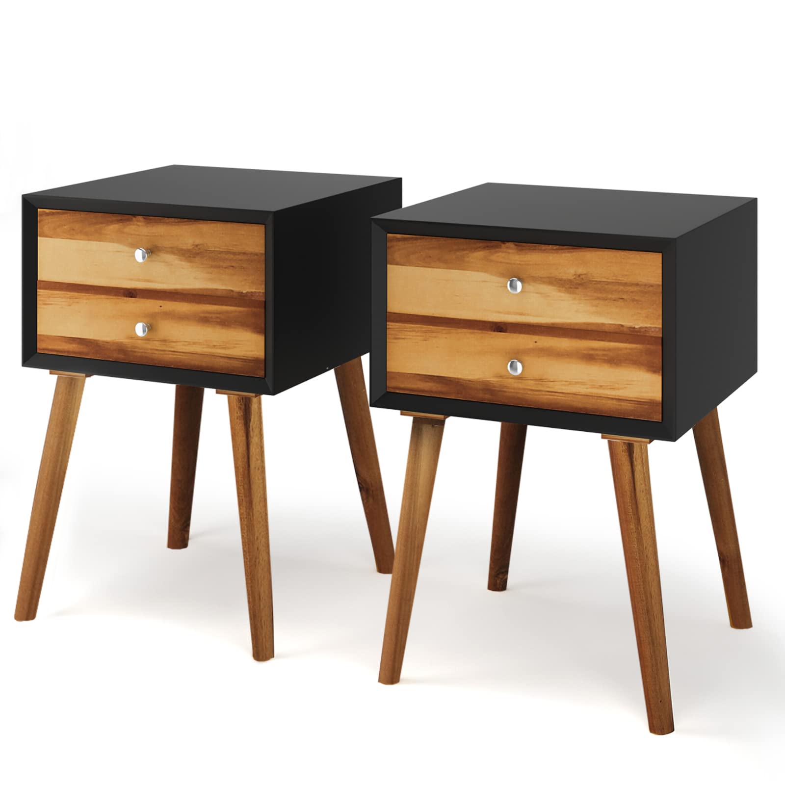 Mid Century Modern Nightstand with 2 Drawers - Solid Wood Legs Bedside Table for Bedroom, Living Room & Small Spaces - Perfect for Storing Books, Lamps & Bedroom Essentials (Black)