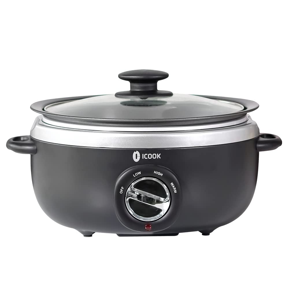 ICOOK USC-65-OP001BK 6.5 Quart Slow Cooker with Glass Lid - Stovetop & Dishwasher Safe Aluminum Pot - Adjustable Temperature for Stewing, Sautéing & Food Warming (Black) - Perfect for Family Dinners, Potlucks & Meal Prep