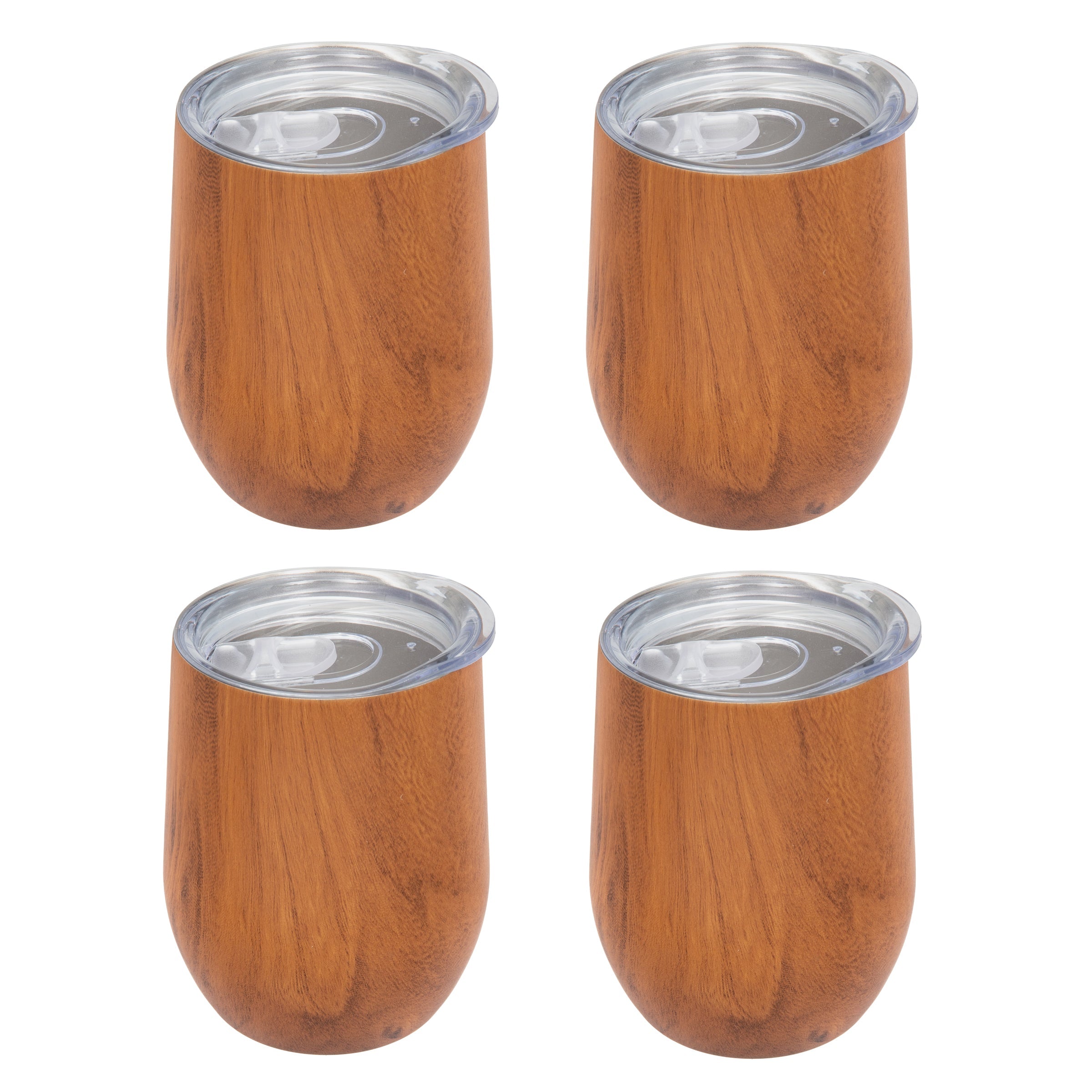 Premium Insulated Woodgrain Wine Tumblers Set of 4 - Double-Wall Stainless Steel Stemless Glasses for Chilled White Wine, Cocktails & Outdoor Parties