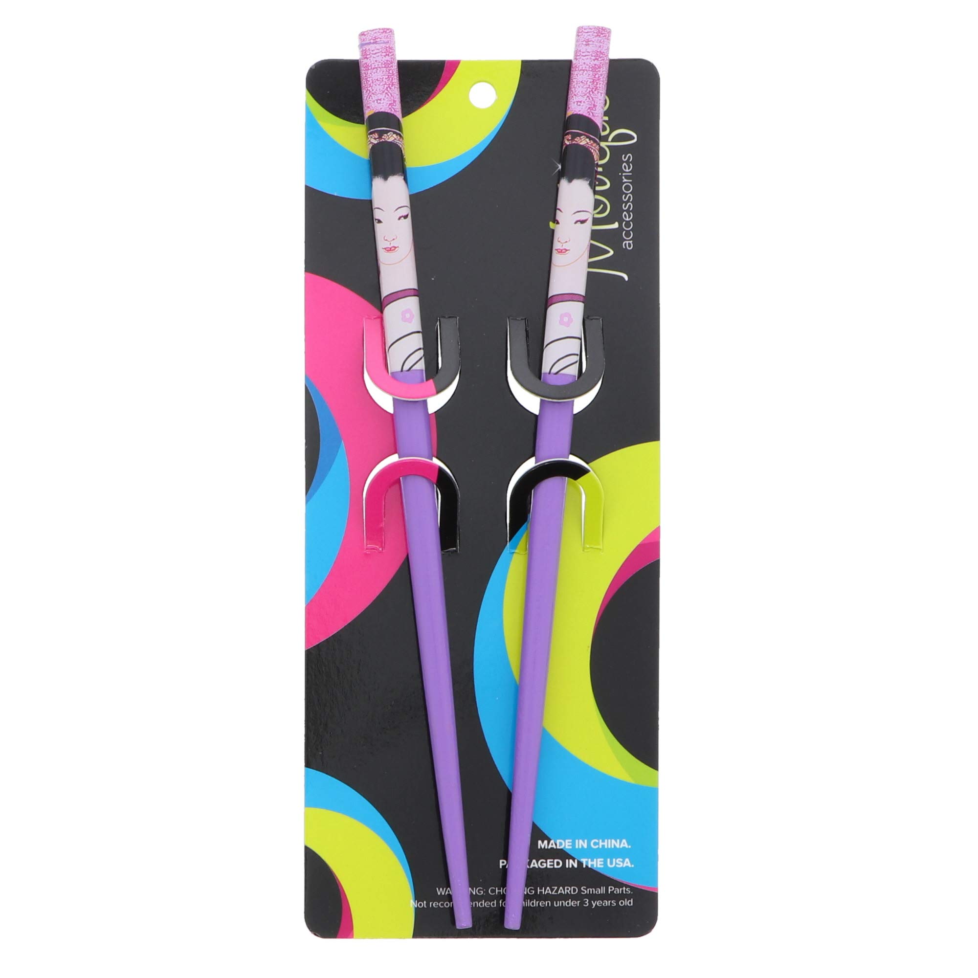 Set of 2 Purple Chinese Lady Print Wood Hair Sticks - 7.25 Inches Long for Hair Styling and Cultural Fashion Accessories