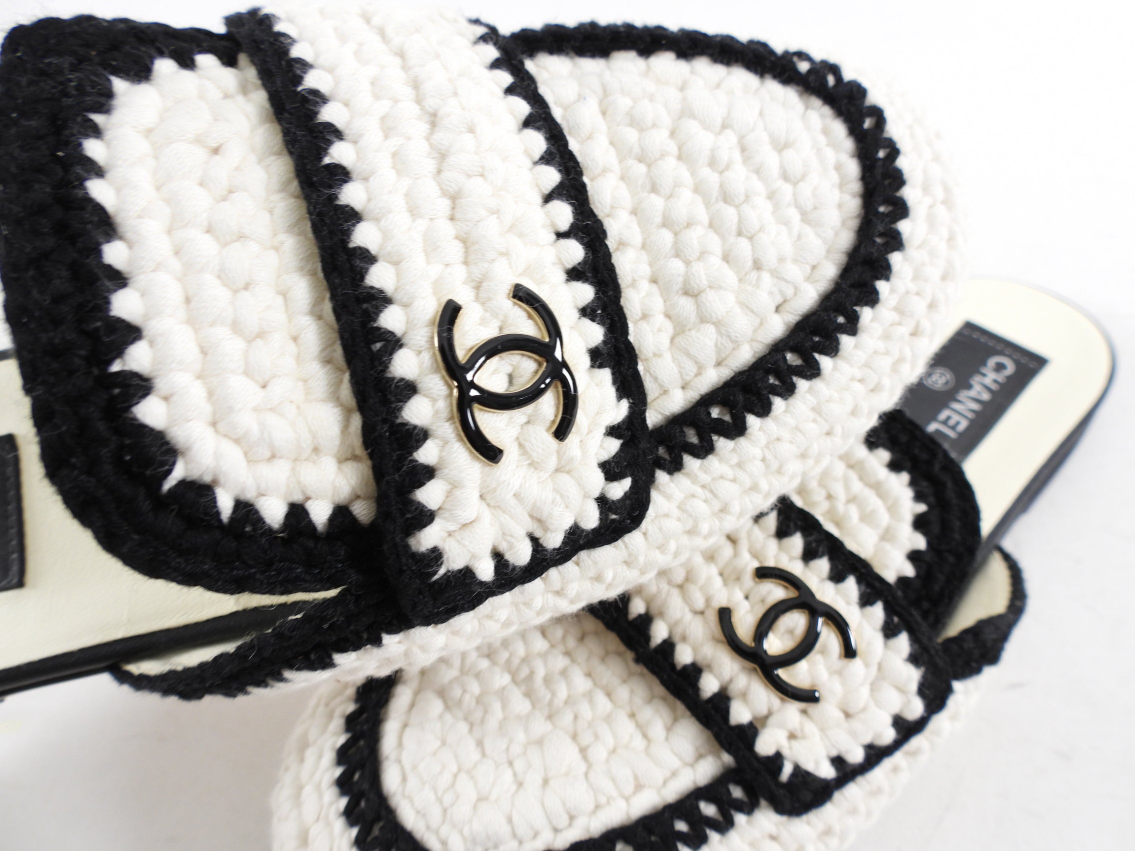 Chanel 2023 Black & White Knit CC Logo Mules - Size 37 | Luxury Designer Slip-On Shoes for Women | Perfect for Casual Outings & Office Wear