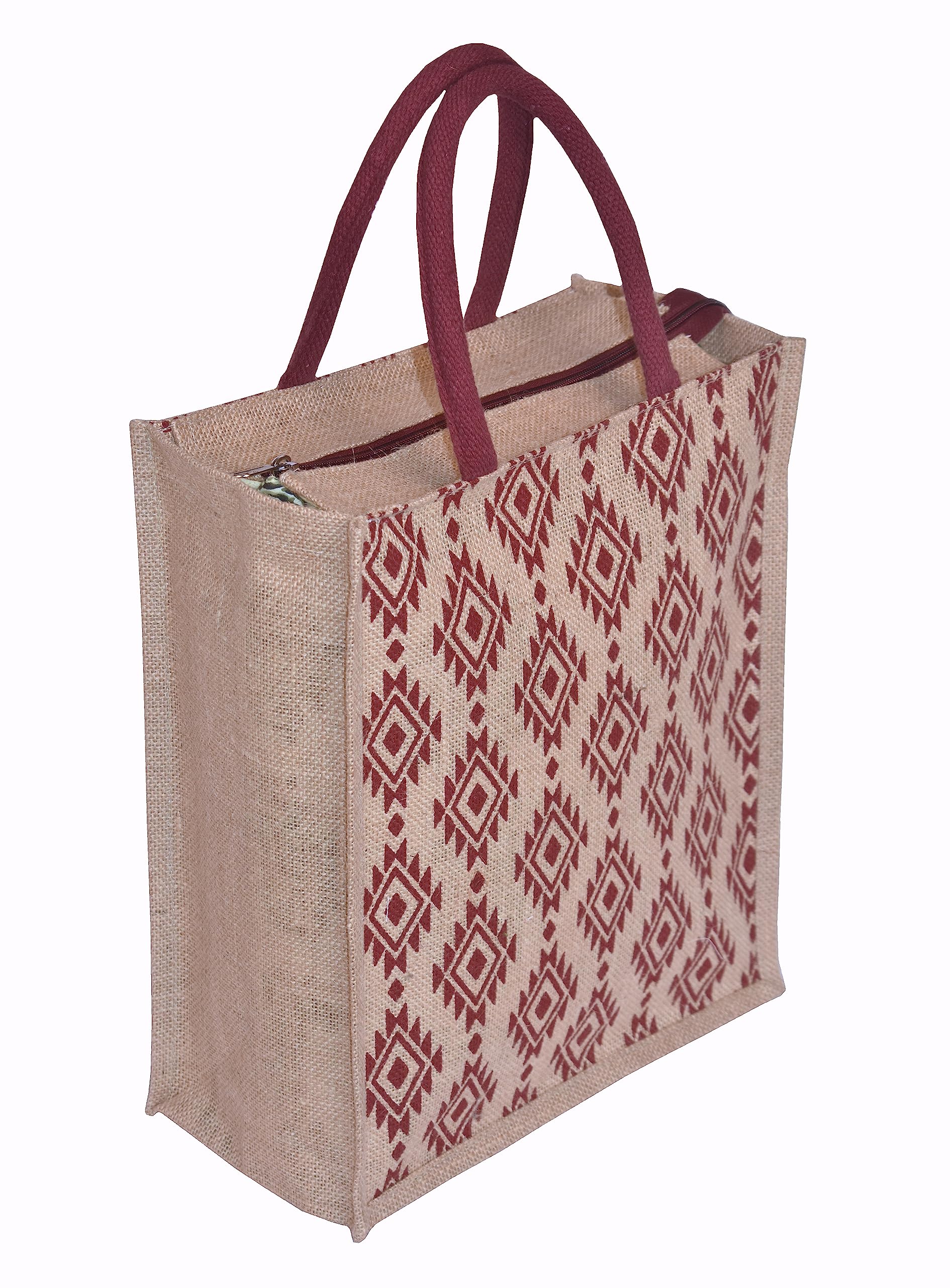 Eco-Friendly Jute Tote Bag with Zipper - Handcrafted Diamond Print Lunch Bag for Men & Women | Durable & Sustainable Reusable Shopping Bag for Work, Picnic, Grocery & Beach