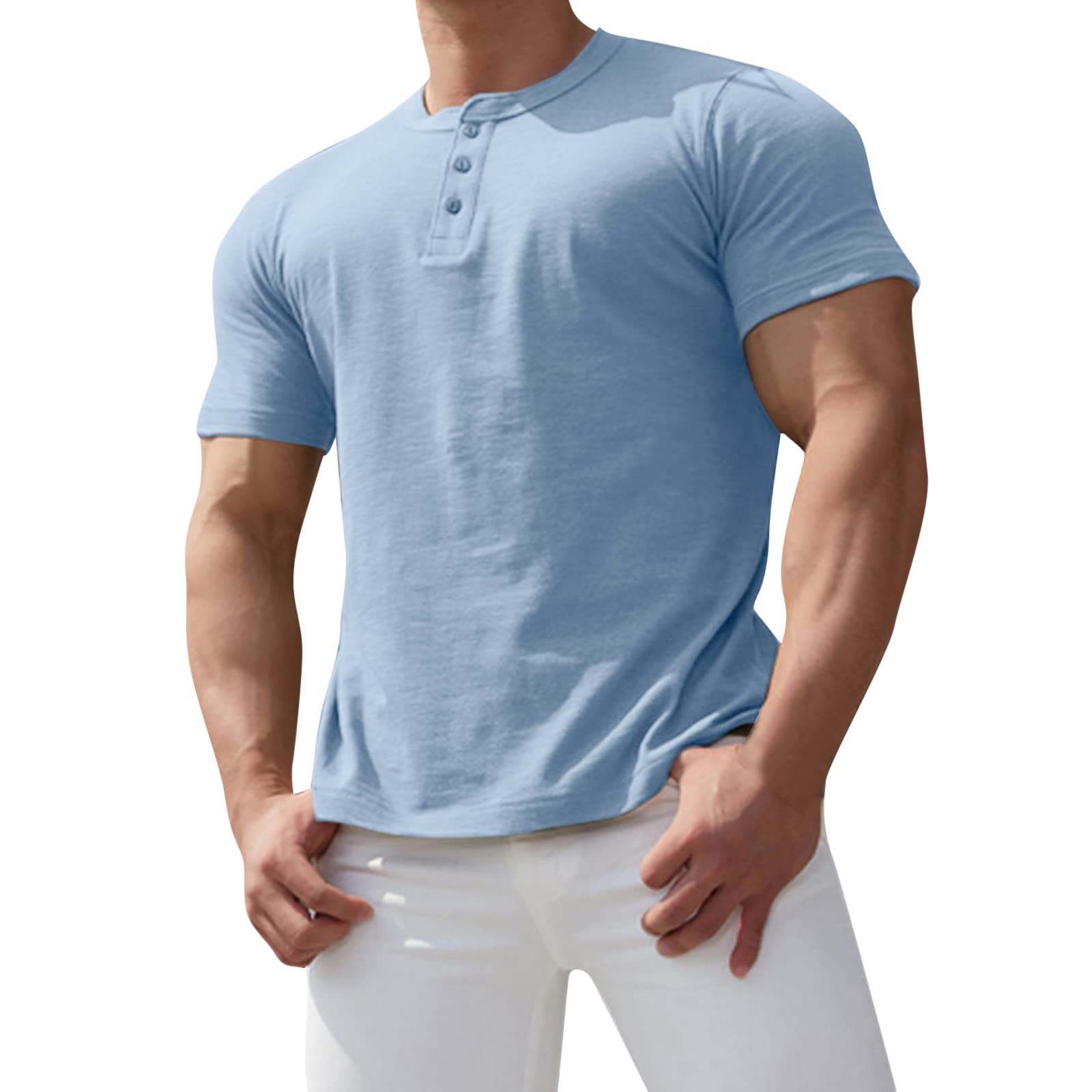 BEUU Men's Henley Shirts - 2023 Summer Short Sleeve Button Down Casual T-Shirt for Men | Slim Fit Muscle Tee | Breathable Cotton Top for Outdoor Activities, Dating & Casual Wear