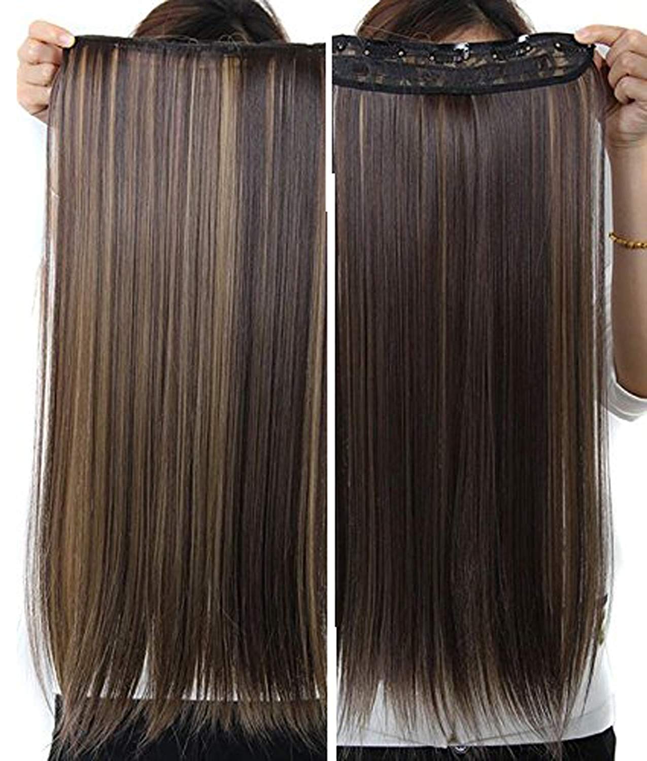 BLUSHIA 24 Inch Straight Synthetic Hair Extensions with 5 Clips - Golden Highlight Multicolor (1 Pack) for Women & Girls | Perfect for Parties, Cosplay & Daily Styling
