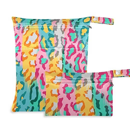 2 Pack Waterproof Wet Dry Bags - Reusable Leopard Print Travel Beach Pool Storage for Swimsuits, Gym Clothes, Diapers & Toiletries | Perfect for Strollers, Daycare & Sports Activities