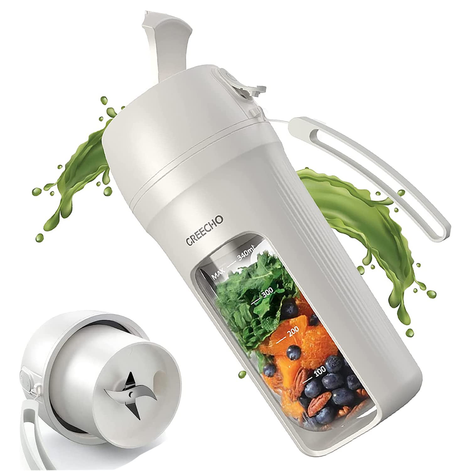 GREECHO Portable Blender - 12 oz USB Rechargeable Mini Blender for Smoothies, Shakes & Juices | BPA-Free One-Handed Personal Blender | Perfect for Gym, Office, Travel & Home Use | Cream White