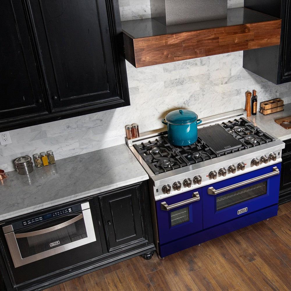 ZLINE 48-Inch 6.0 cu. ft. Dual Fuel Range - Stainless Steel with Blue Gloss Doors, 7-Burner Gas Cooktop & 2 Electric Ovens - Perfect for Professional Kitchens & Home Chefs (RA BG 48)