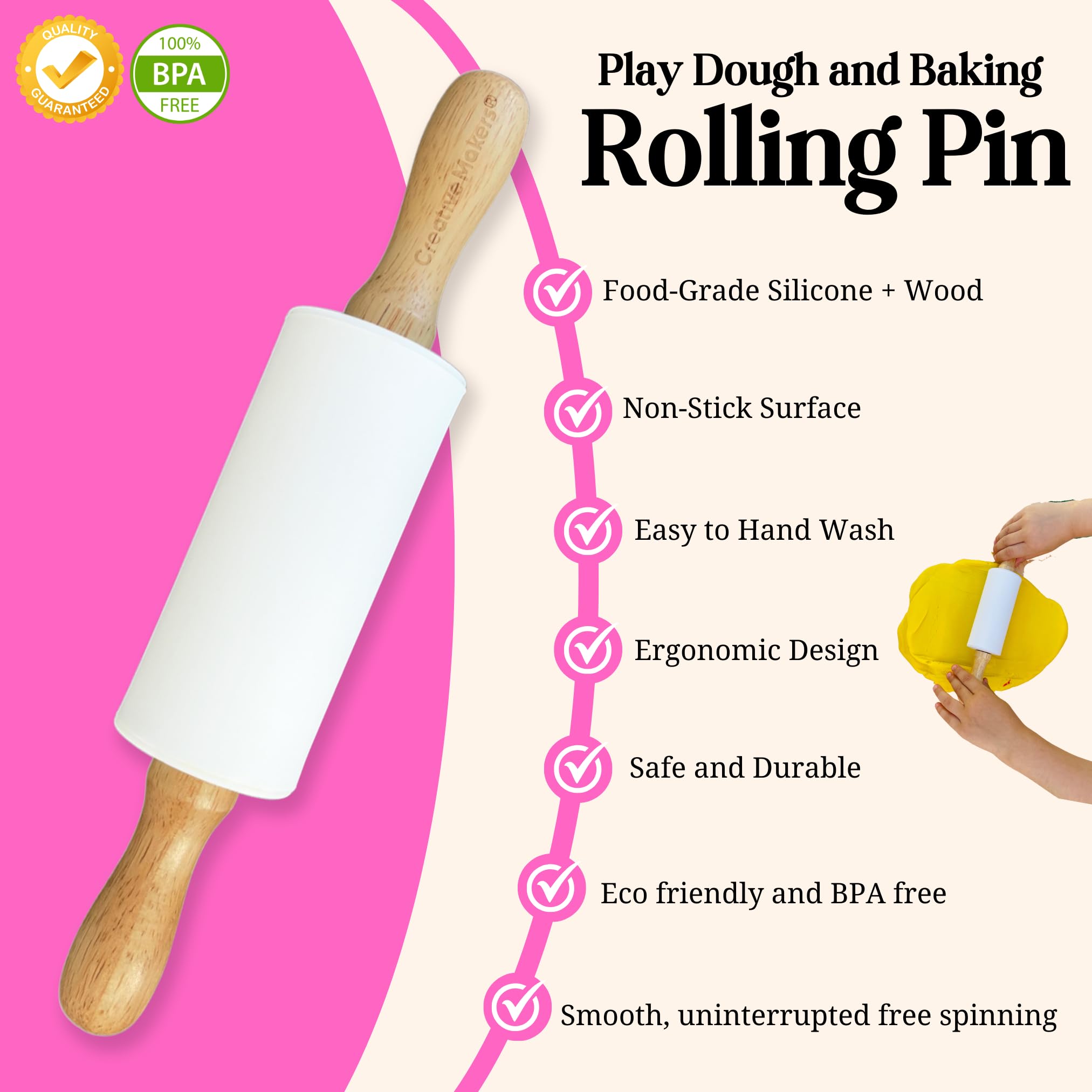 Kids Non-Stick Silicone Rolling Pin with Wooden Handles - 9 Inch White Dough Roller for Play Dough, Baking & Cookie Making - Perfect for Toddler Cooking Activities & Preschool Learning