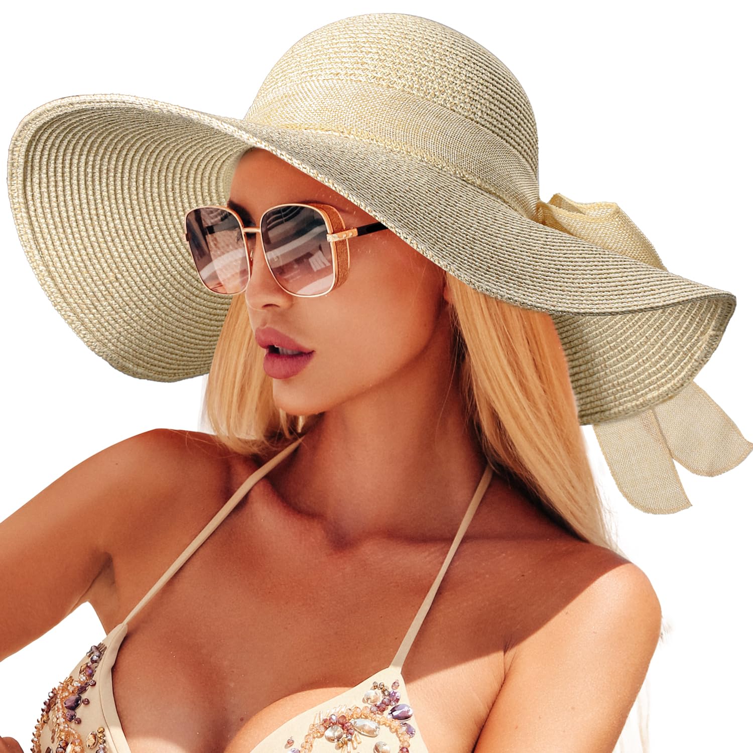 Women's Wide Brim Straw Sun Hat - Packable Floppy Beach Hat for Summer, Outdoor & Garden Wear - Perfect for Vacations, Poolside Lounging, and Sun Protection