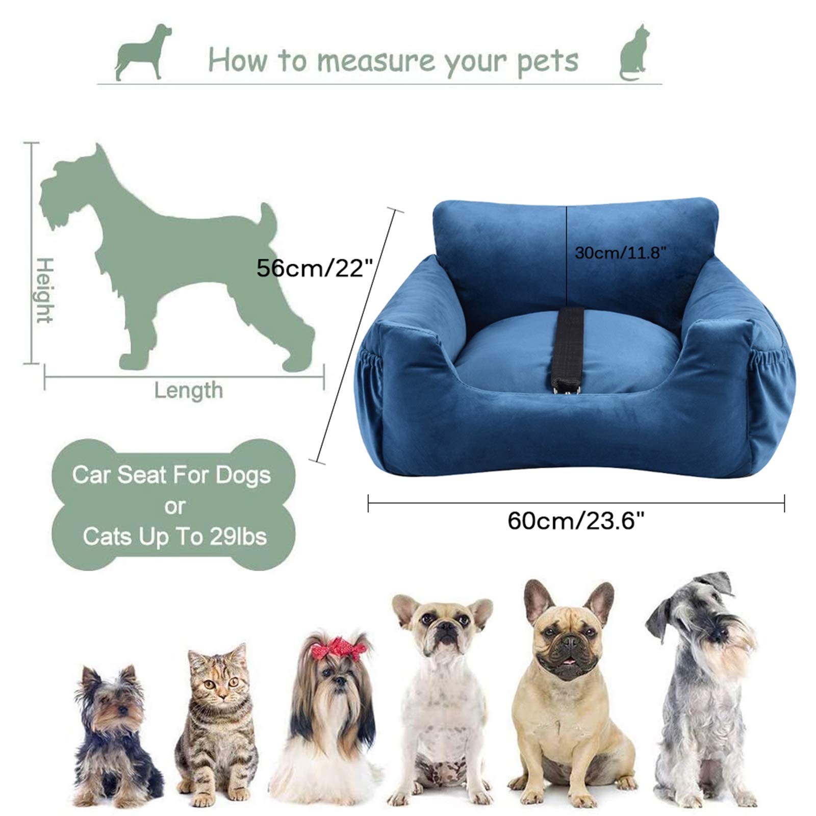 Dog Car Bed for Small Dogs & Cats - Washable Pet Booster Seat with Safety Leash & Storage Pocket | Travel Safety Carrier for Puppies | Perfect for Road Trips & Vet Visits