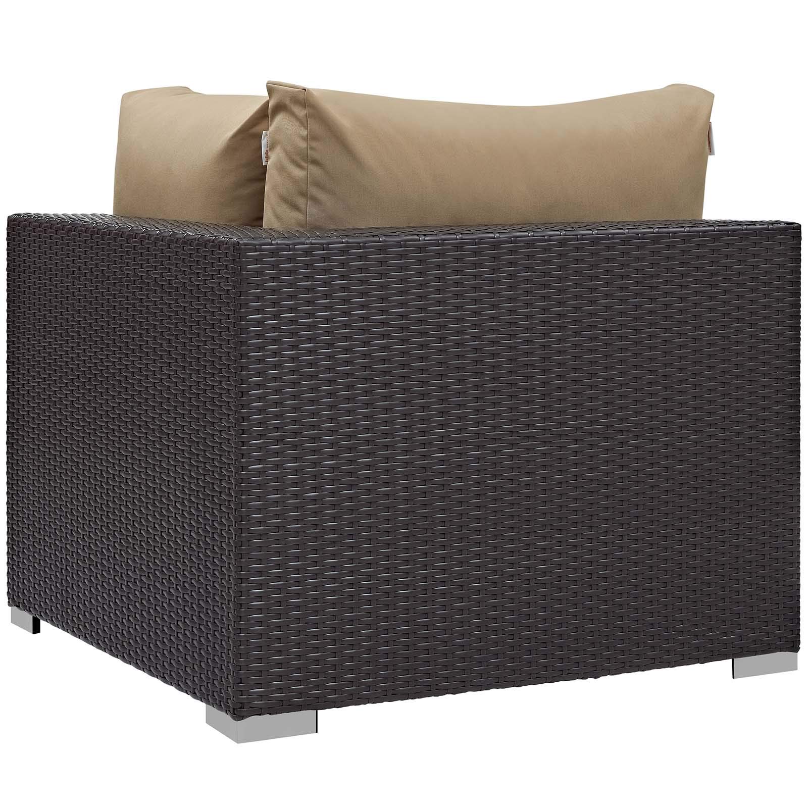 Modern Outdoor Patio Furniture Set - 3-Piece Wicker Sofa, Chair & Coffee Table with Fire Pit - Light Brown Rattan for Backyard, Garden, Poolside Relaxation