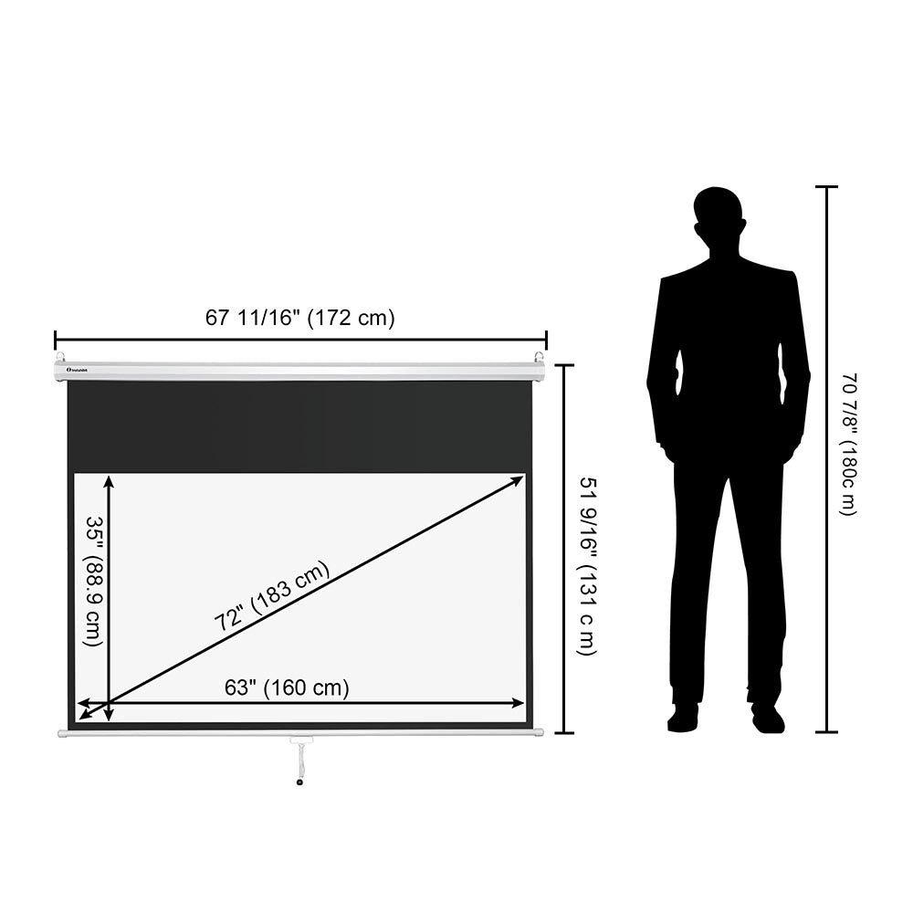 TheLAShop 72 Inch Manual Pull Down Projector Screen - 16:9 Aspect Ratio (63x35 Inches) for Home Theater, Outdoor Movies & Presentations
