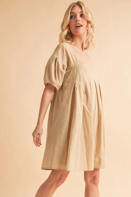 Beige Babydoll Dress with Pockets - Flowy Short Sleeve Loose Fit Mini Dress for Women | Perfect for Summer, Beach, Date Night & Casual Outings