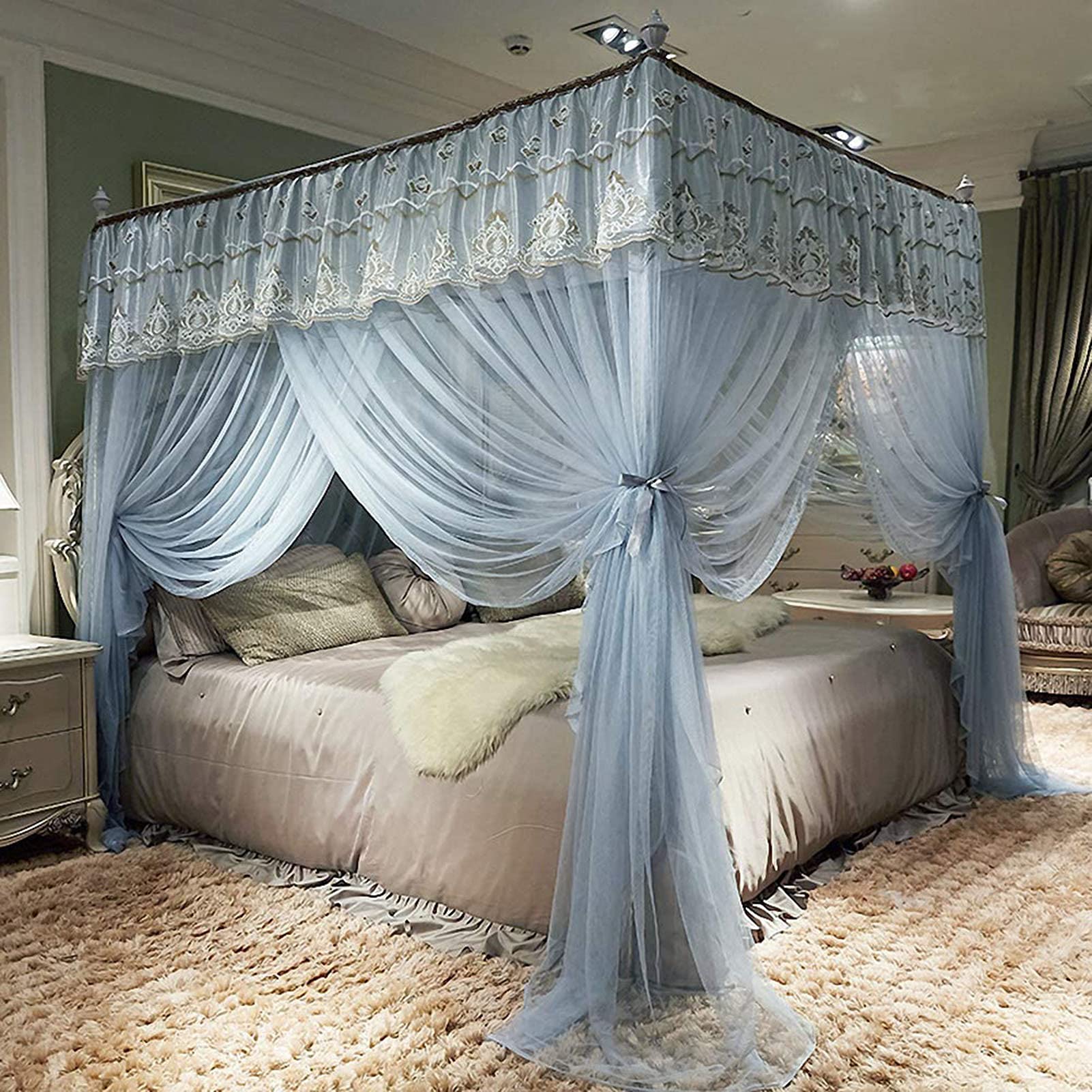 Elegant Embroidered Bed Canopy with Ruffle Trim - 4 Corner Post Mosquito Net for Girls, Kids & Toddlers (200cm/79