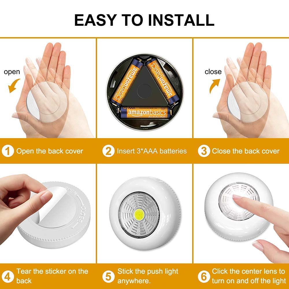 8 Pack LED Puck Lights - Battery Operated Wireless Under Cabinet Lighting for Kitchen, Closet, RV, Shelf | Tap & Push Button Design | Perfect for Countertops, Sheds, Attics & Dark Spaces