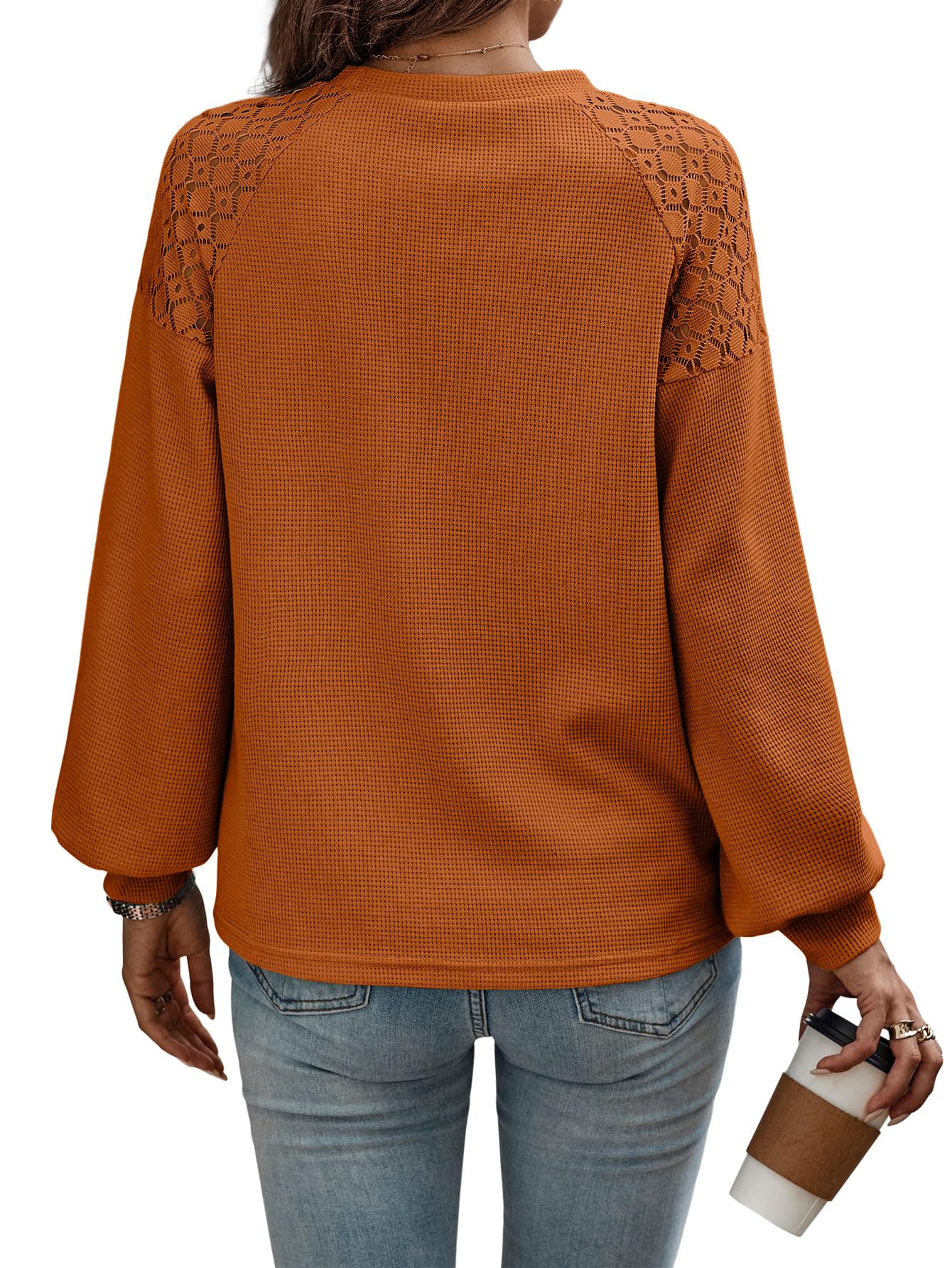 AGSEEM Women's Waffle Knit Tunic Top - 2023 Fall Winter Long Sleeve Crew Neck Shirt with Lace Shoulder Detail | Casual Office Wear & Layering Essential