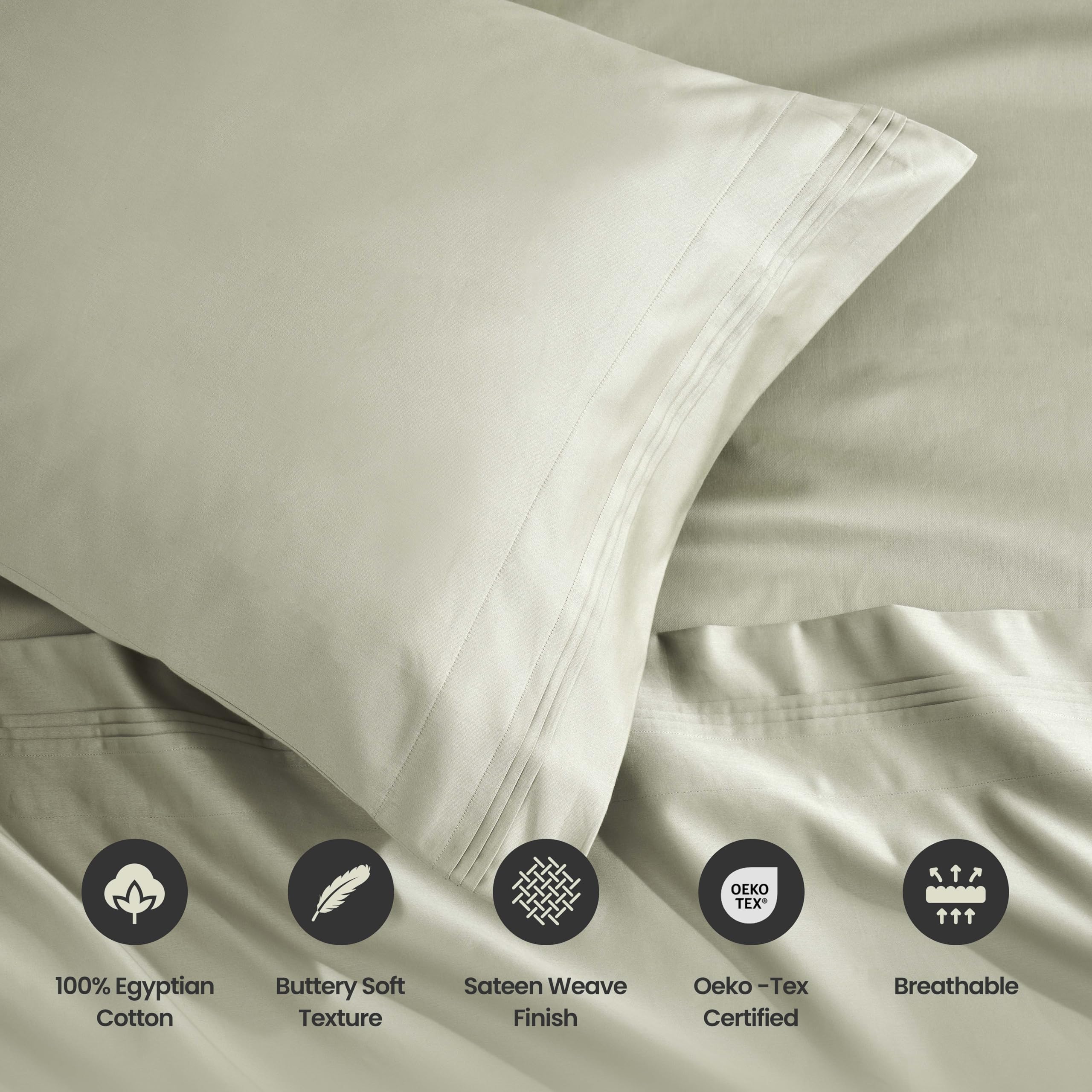 Premium 1500-Thread Count 100% Egyptian Cotton Sheet Set - King Size, Deep Pocket, Solid Sage Green - Ultra Soft & Breathable Luxury Bedding for Hotel-Like Comfort at Home