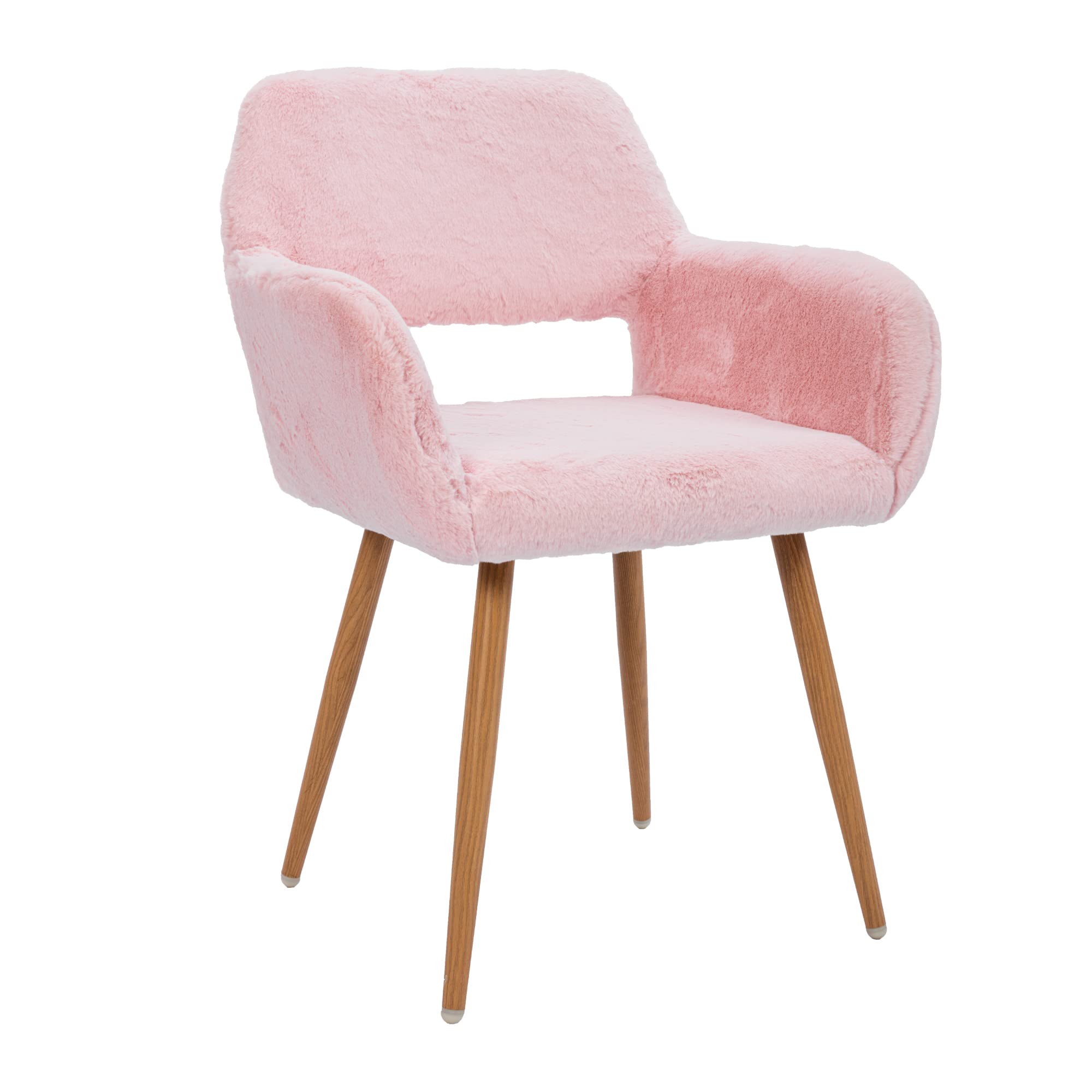 Mid-Century Modern Faux Fur Accent Chair - Pink KCC Furry Desk Chair with Wood-Look Metal Legs, Comfy Armless Office Chair for Teen Girls, Living Room, Dining Room, Home Vanity & Makeup Station - Perfect for Study, Work & Relaxation