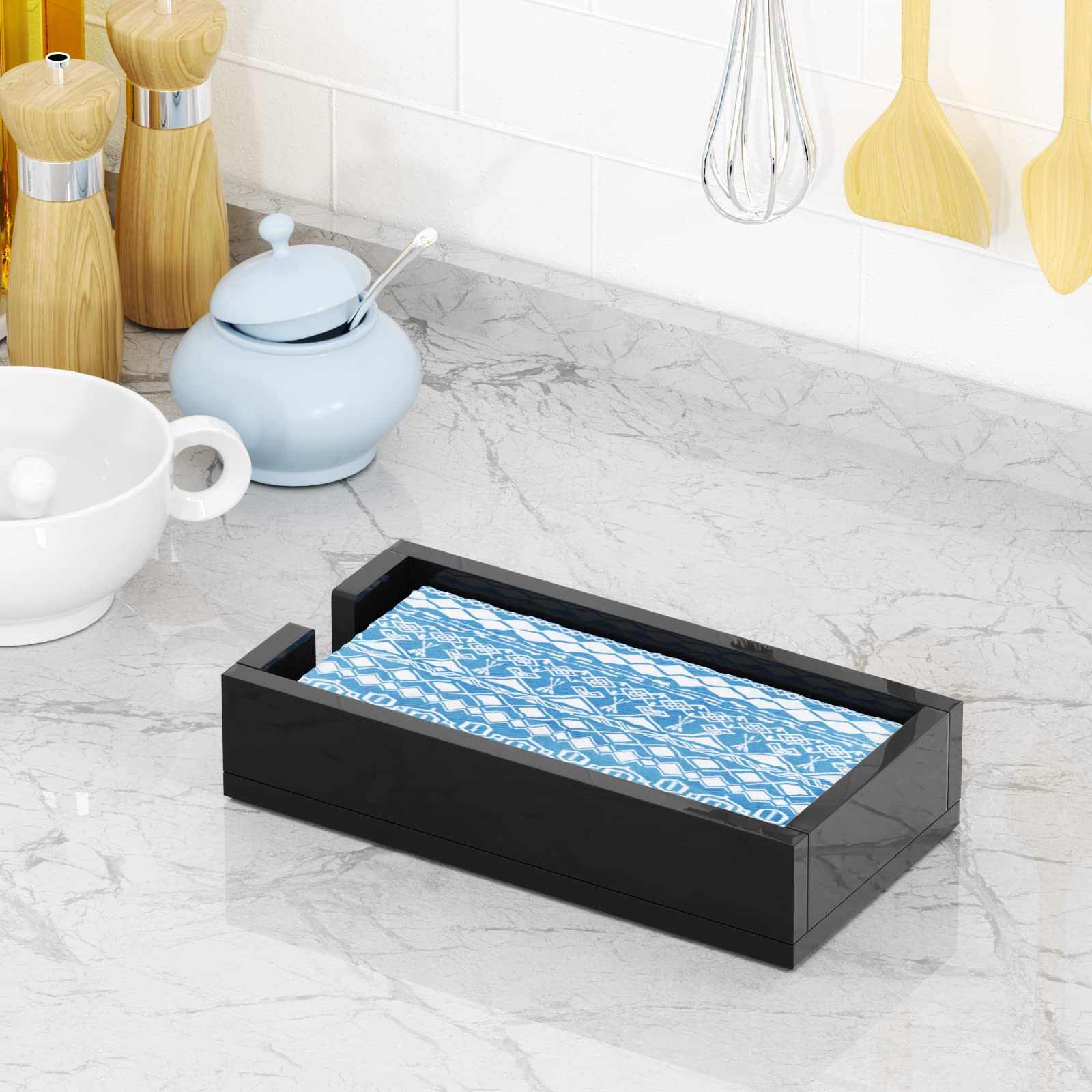 HIIMIEI Acrylic Napkin Holder - Black Bathroom & Kitchen Towel Organizer for Guest, Disposable Napkins, Hand Towel Tray - Perfect for Parties, Weddings, Hotels & Restaurants (Black) - Ideal for Home Decor & Hospitality Use