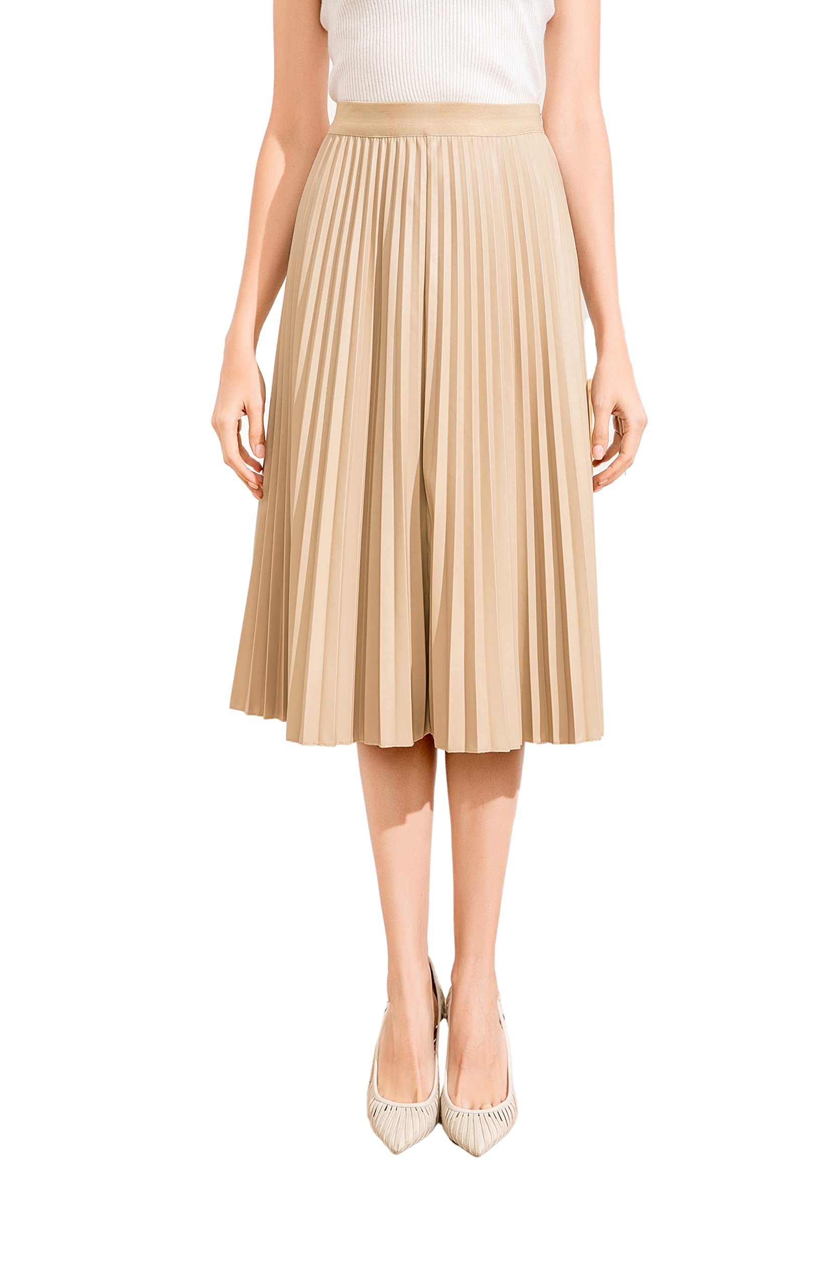 Women's High Waisted Stretchy Pleated Faux Leather Skirt with Hidden Zipper - A-Line Midi Skirt for Work, Party & Casual Outfits