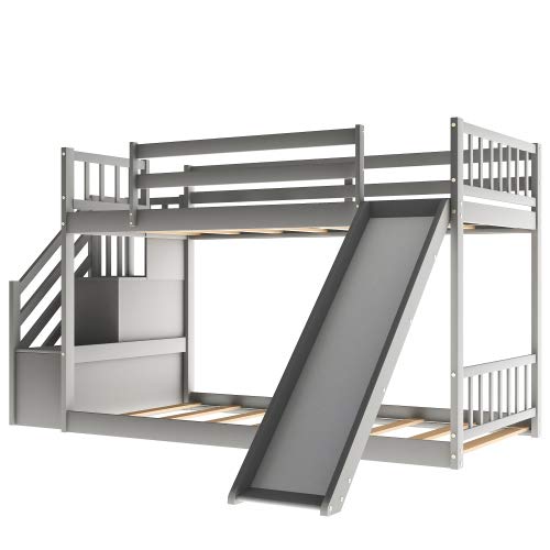 Twin Over Twin Floor Bunk Bed with Convertible Slide & Stairway - Solid Wood Low Bunk Bed with Storage Shelves & Handrail (Gray) - Perfect for Kids' Bedroom, Guest Room & Space-Saving Small Rooms