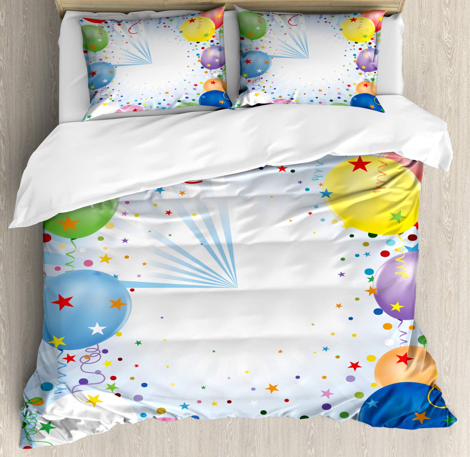 Ambesonne King Size Duvet Cover Set - 3 Piece Happy Celebration Theme with Colorful Balloons & Stars, Decorative Bedding Includes 2 Pillow Shams | Perfect for Birthday Parties, Baby Showers & Festive Home Decor