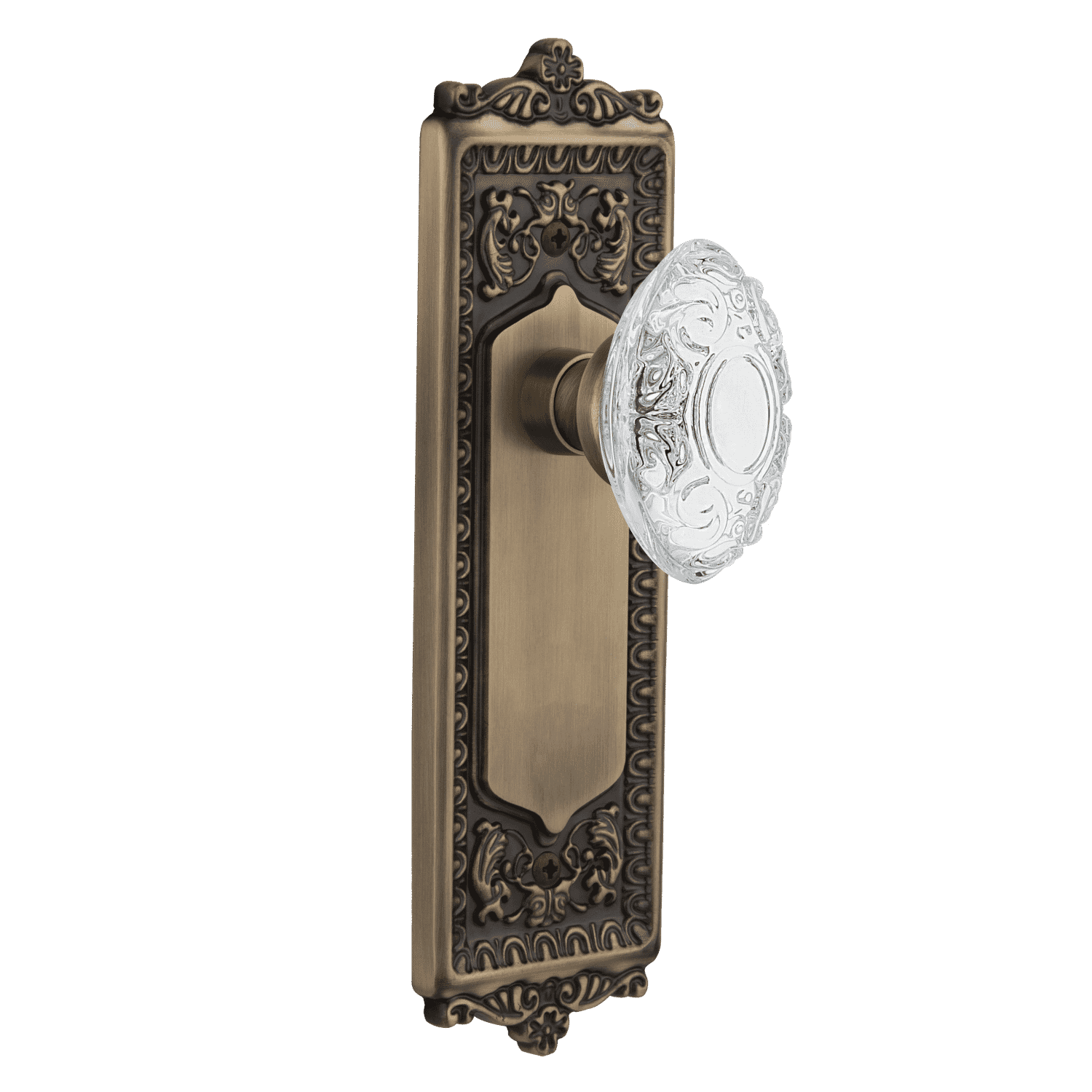 Antique Brass Egg & Dart Long Plate with Crystal Victorian Knob - Elegant Cabinet & Drawer Hardware for Vintage Furniture Restoration & Home Decor