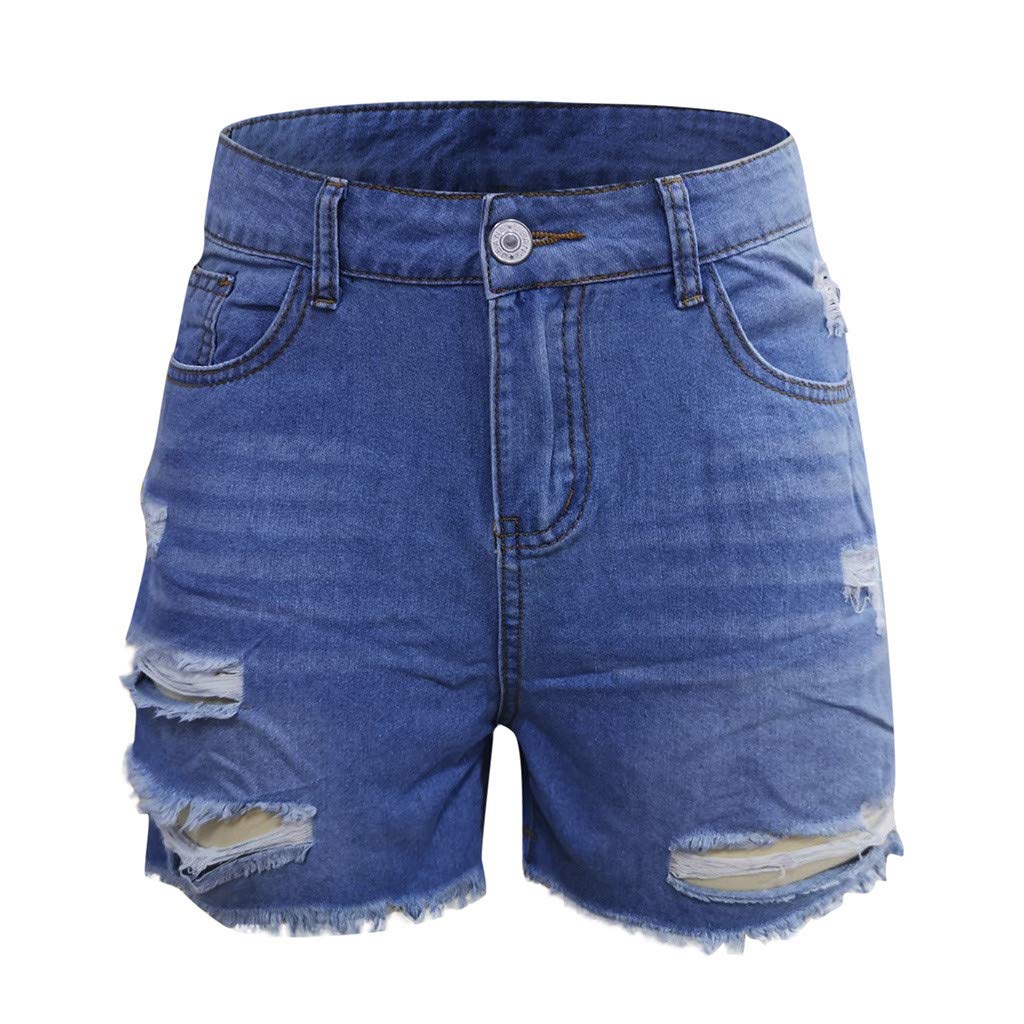 hlysgo Women's Mid Rise Ripped Stretchy Denim Shorts with Frayed Raw Hem - 2024 Summer Casual Jeans Shorts for Beach, Travel, and Everyday Wear