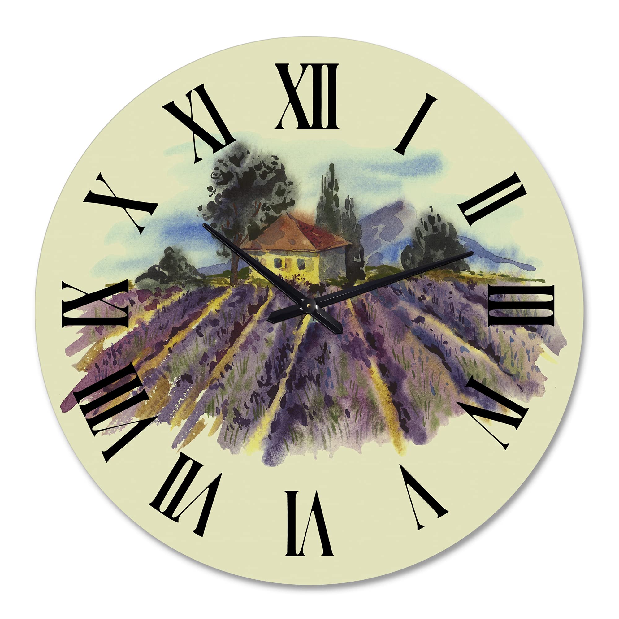 DesignQ Traditional Wall Clock - Large 'Blooming Lavender Landscape' Wall Art for Living Room, Bedroom & Office Decor | Silent Non-Ticking Clock for Home & Workspace